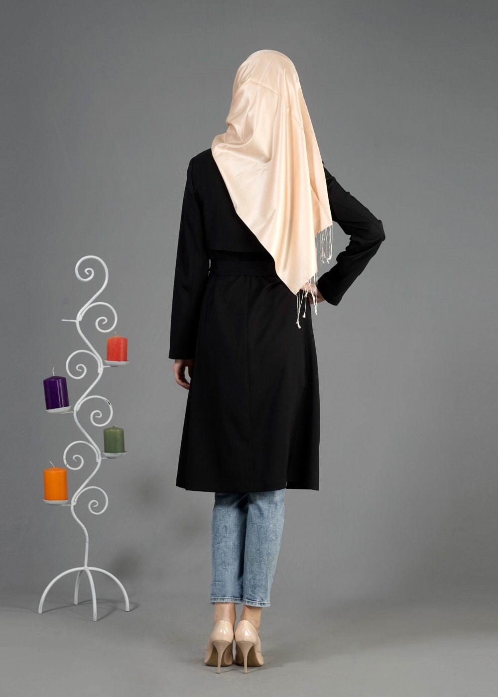 Tesettür giyim SİYAH KUŞGÖZÜ DETAYLI KUŞAKLI TRENÇKOT 1803 