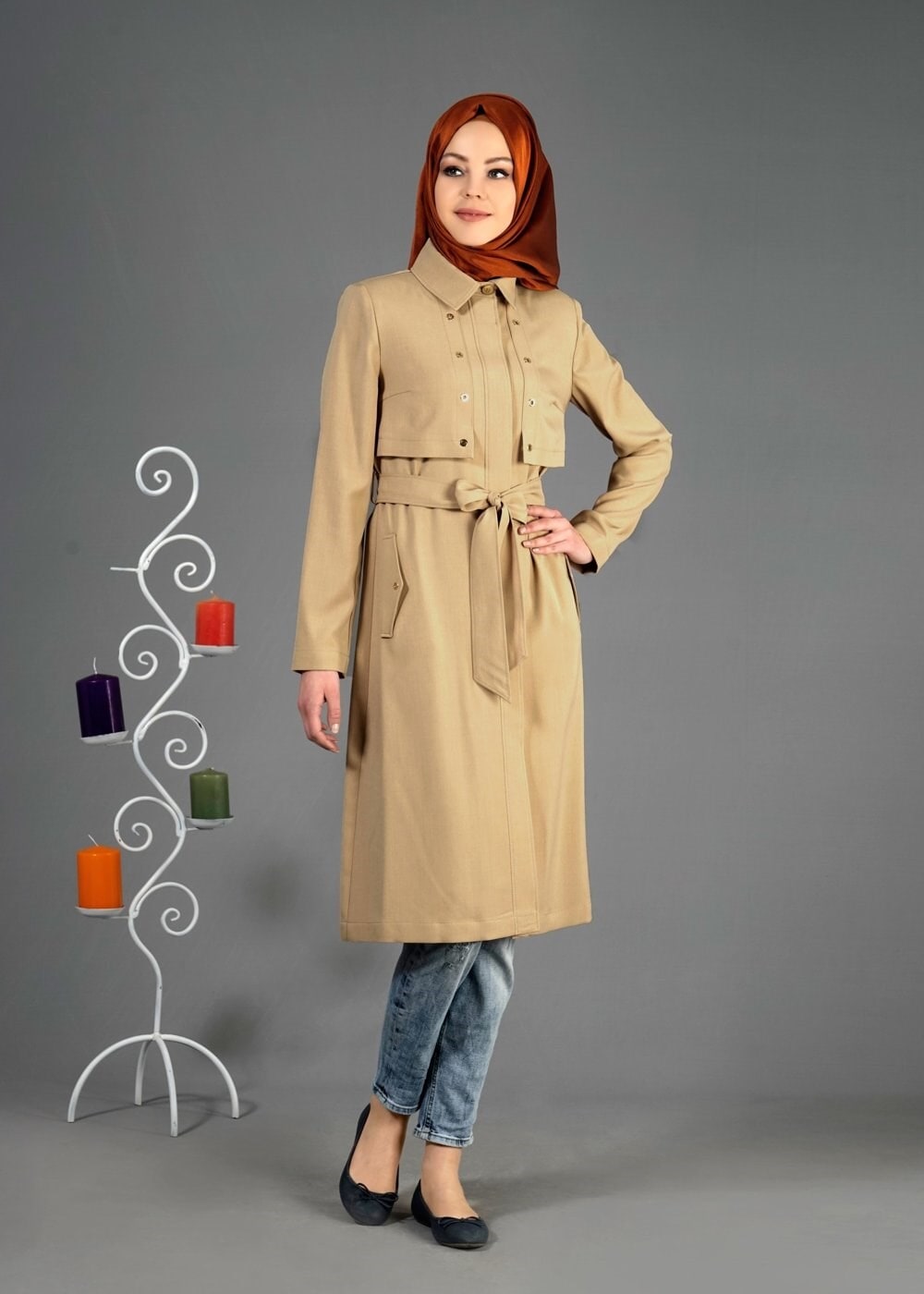 Tesettür giyim BEJ KUŞGÖZÜ DETAYLI KUŞAKLI TRENÇKOT 1803 