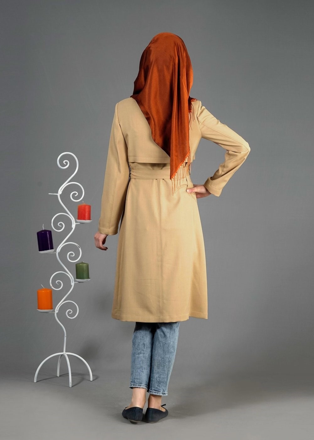 Tesettür giyim BEJ KUŞGÖZÜ DETAYLI KUŞAKLI TRENÇKOT 1803 