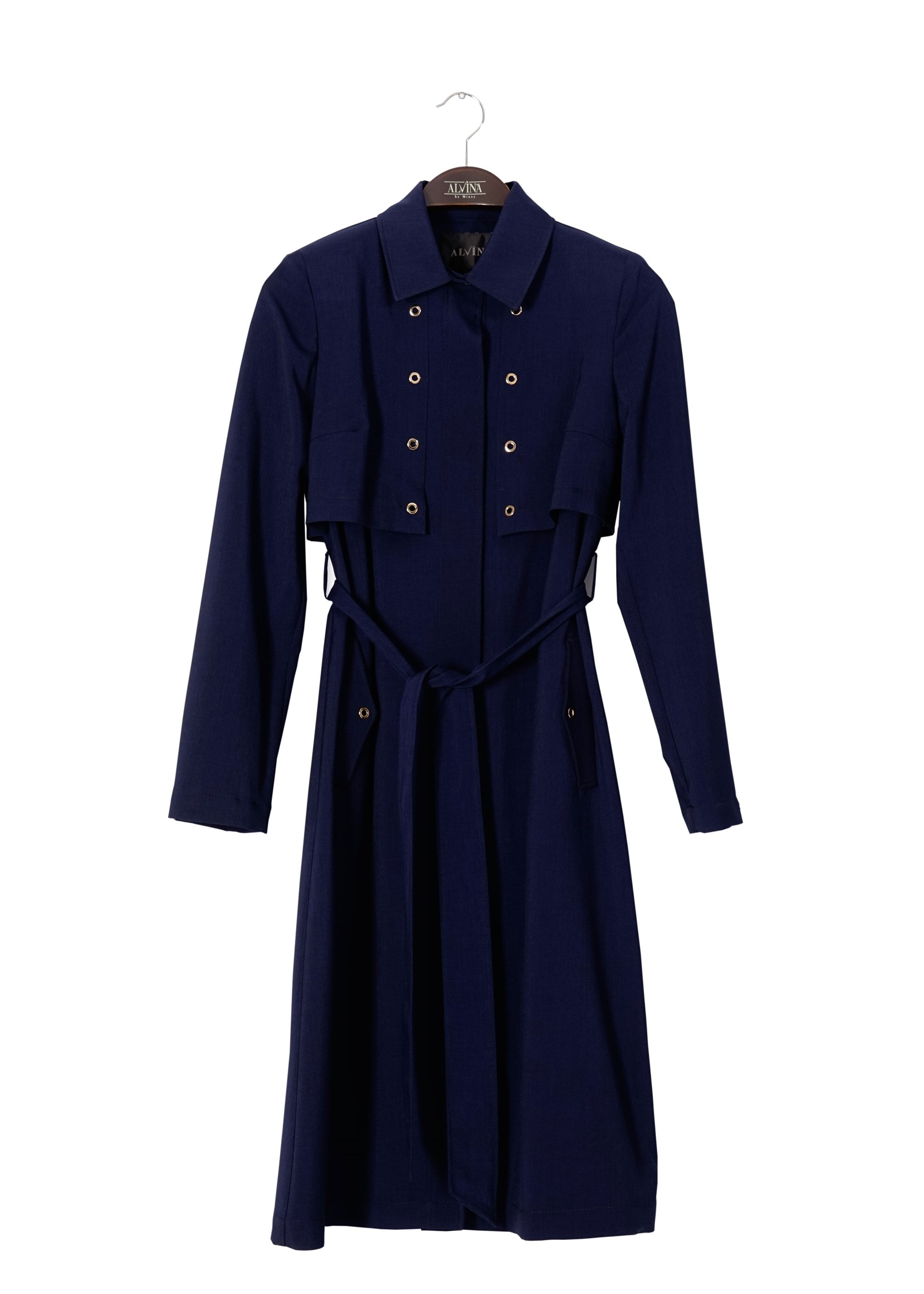 Tesettür giyim LACİVERT KUŞGÖZÜ DETAYLI KUŞAKLI TRENÇKOT 1803 