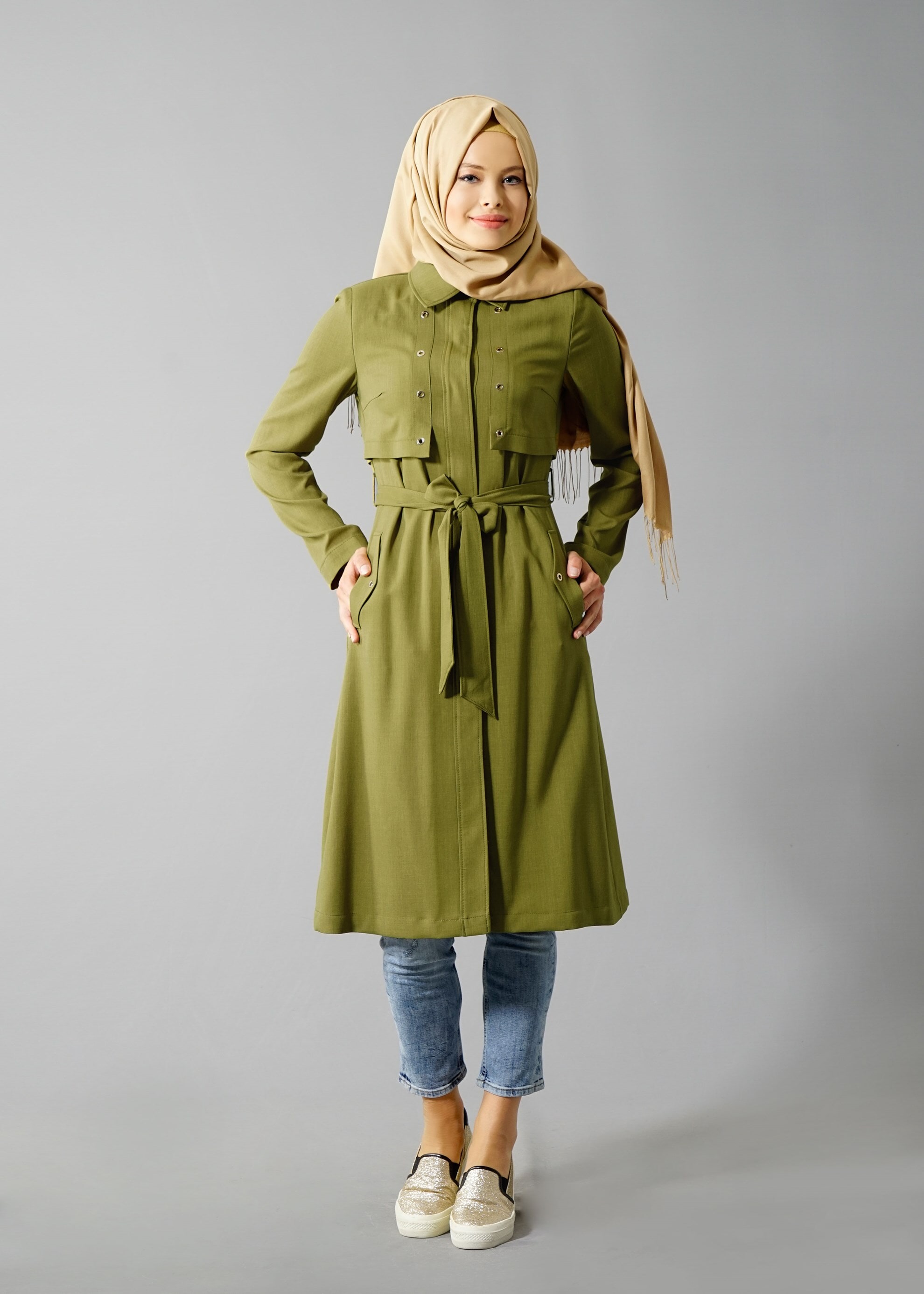 Tesettür giyim YEŞİL KUŞGÖZÜ DETAYLI KUŞAKLI TRENÇKOT 1803 