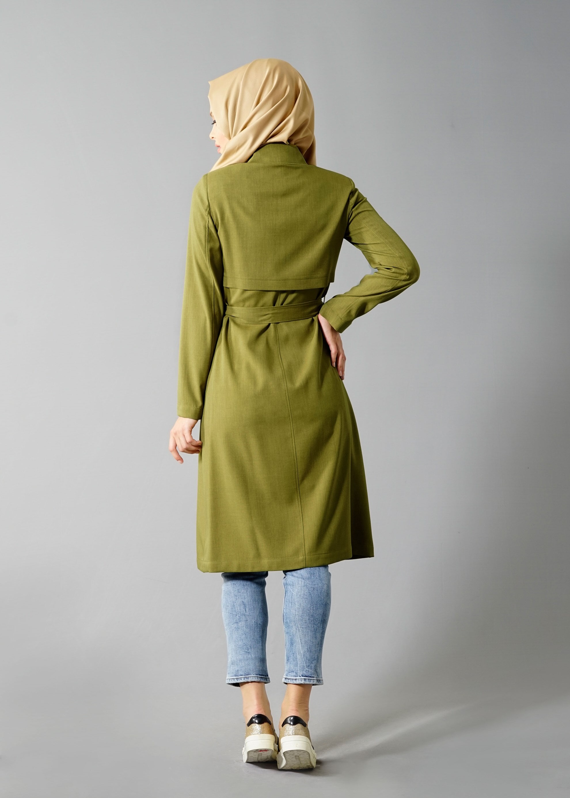 Tesettür giyim YEŞİL KUŞGÖZÜ DETAYLI KUŞAKLI TRENÇKOT 1803 