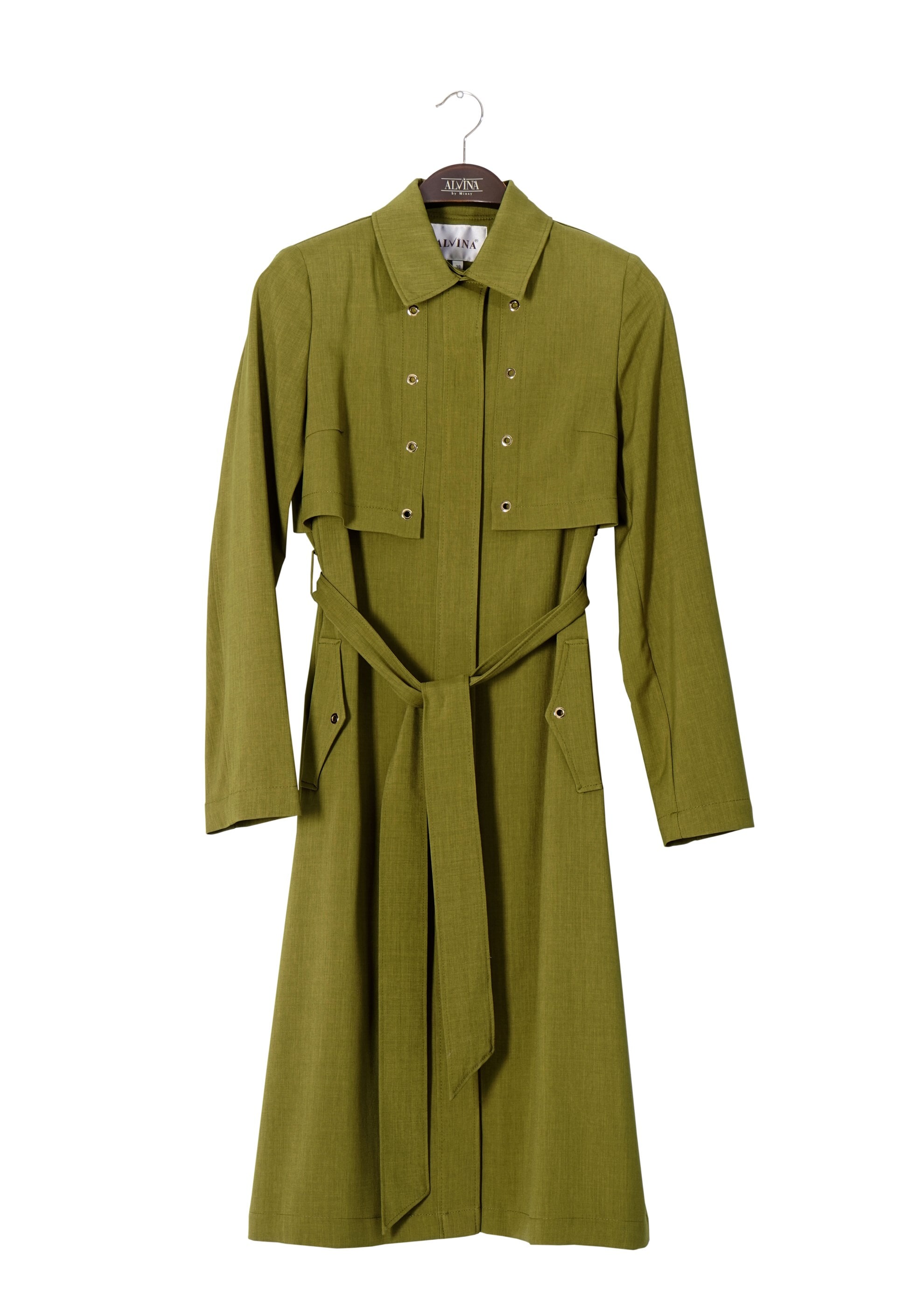 Tesettür giyim YEŞİL KUŞGÖZÜ DETAYLI KUŞAKLI TRENÇKOT 1803 