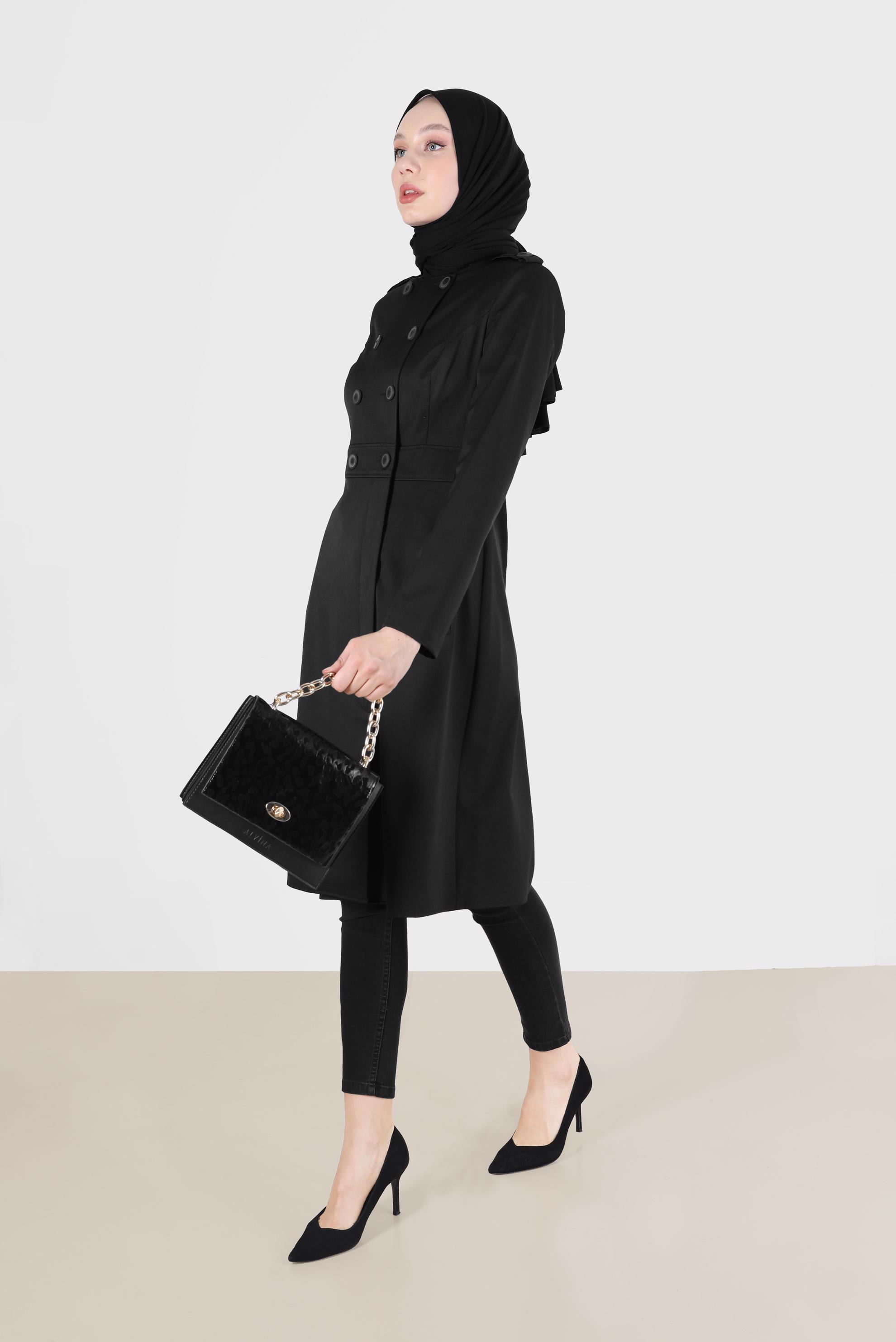 Tesettür giyim SİYAH DÜĞMELİ CEPLİ TRENÇKOT 1810 