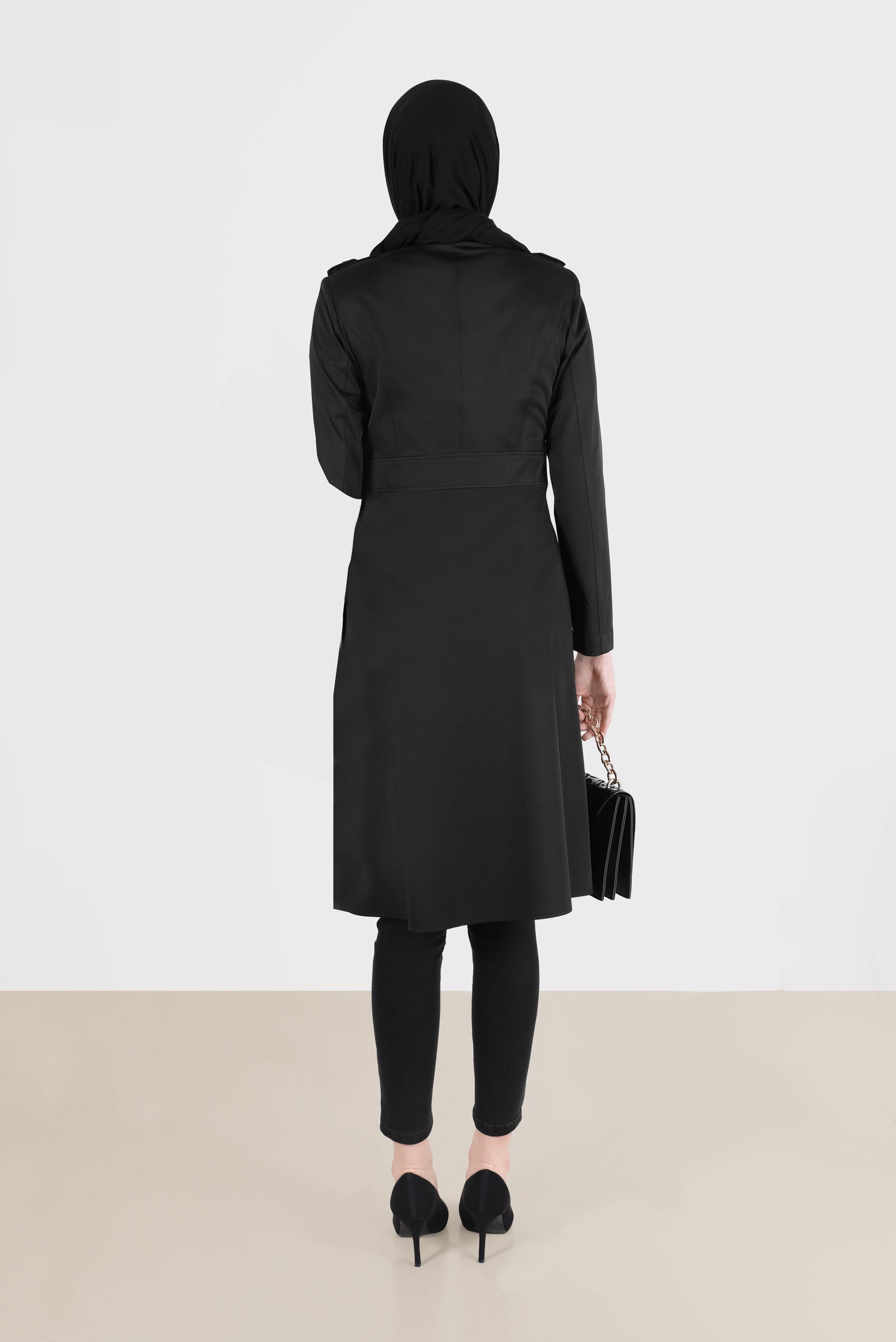 Tesettür giyim SİYAH DÜĞMELİ CEPLİ TRENÇKOT 1810 