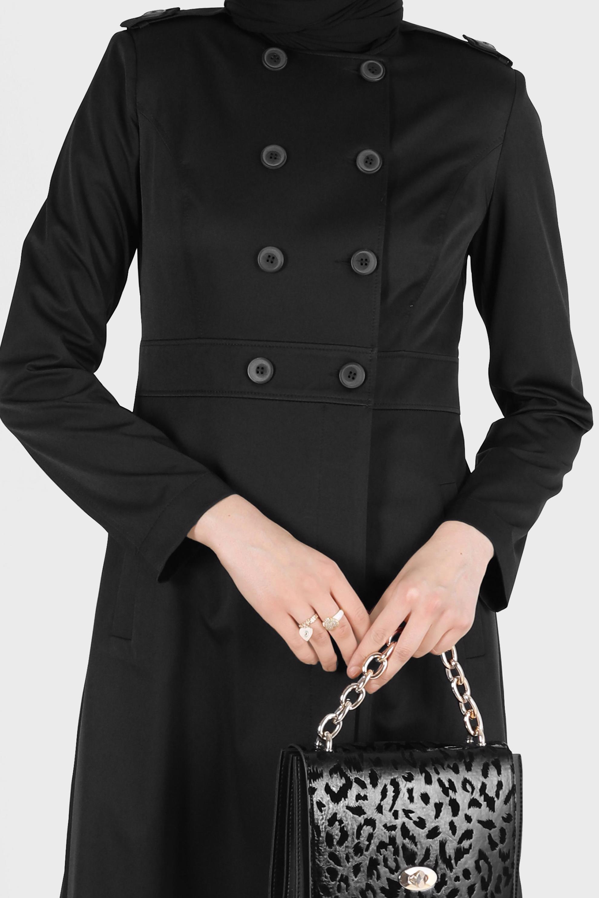 Tesettür giyim SİYAH DÜĞMELİ CEPLİ TRENÇKOT 1810 