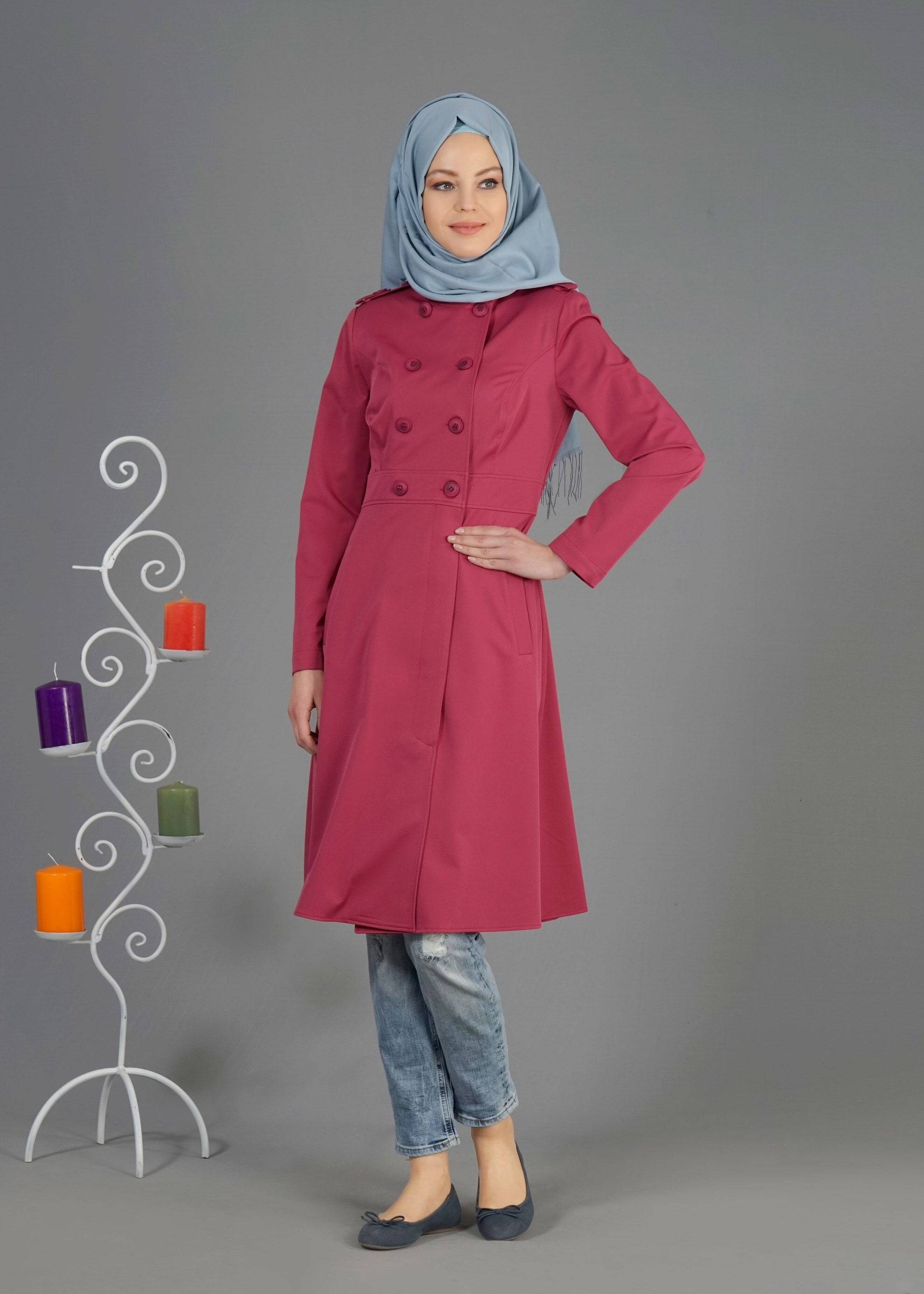 Tesettür giyim FUŞYA DÜĞMELİ CEPLİ TRENÇKOT 1810 