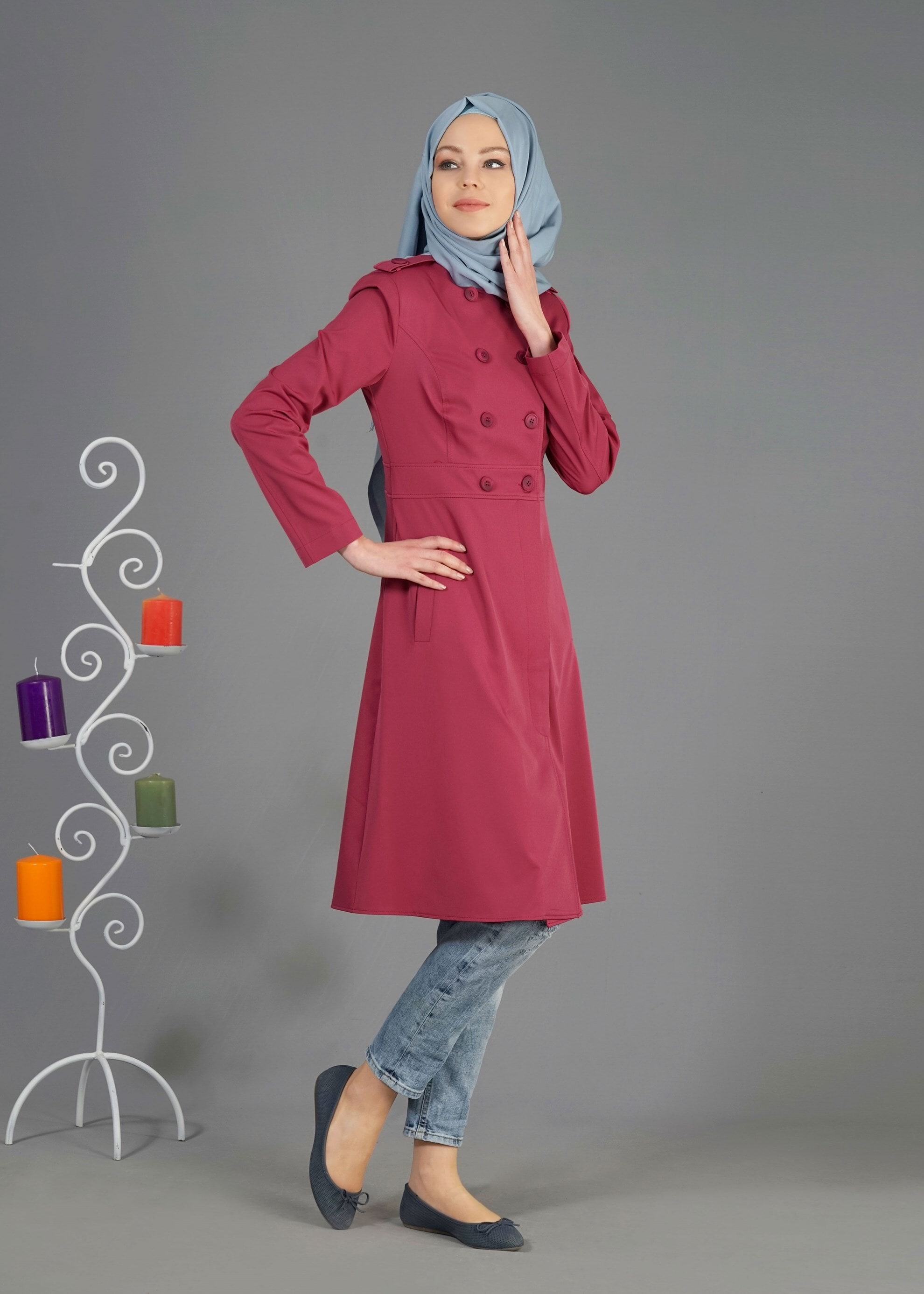 Tesettür giyim FUŞYA DÜĞMELİ CEPLİ TRENÇKOT 1810 