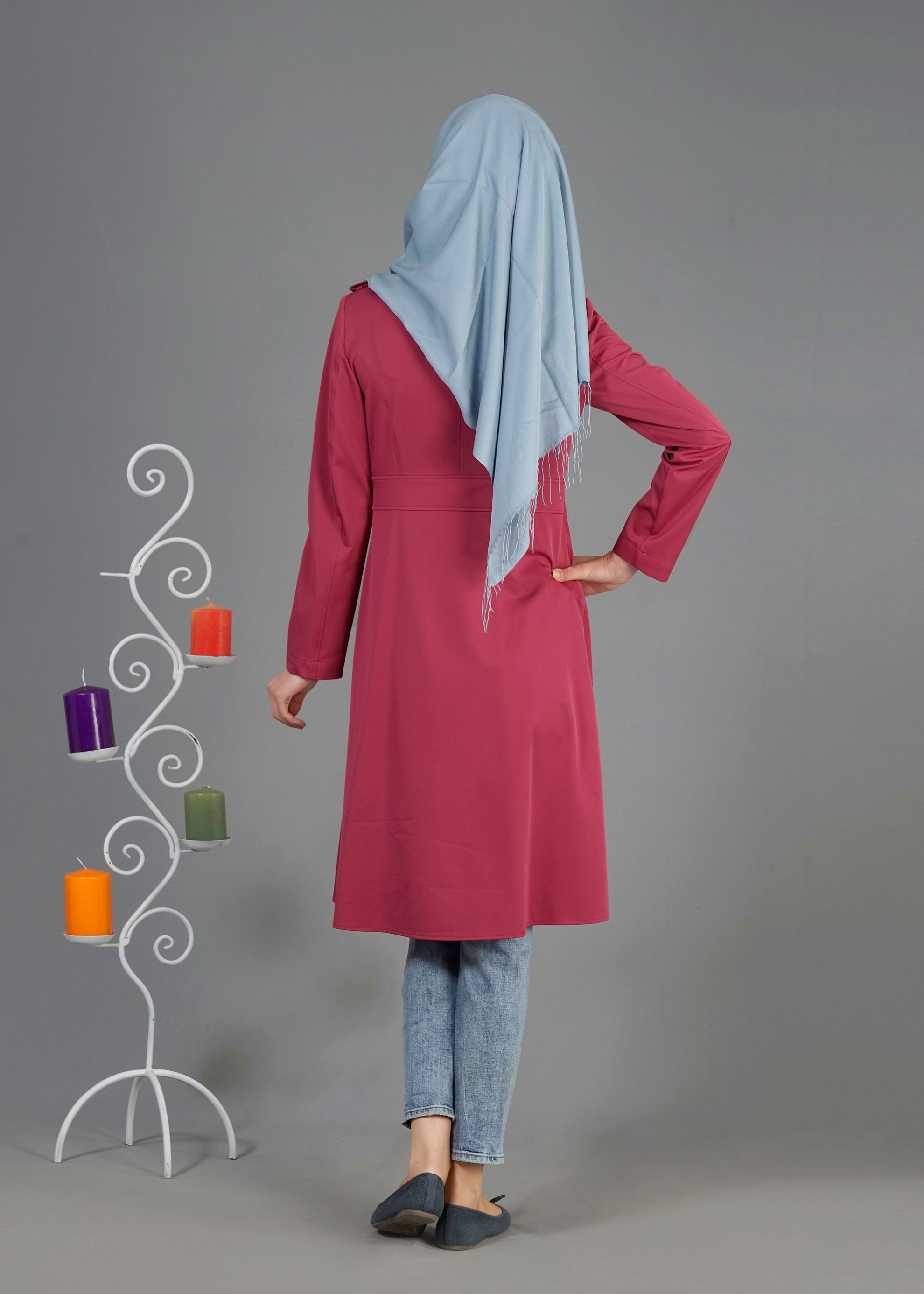 Tesettür giyim FUŞYA DÜĞMELİ CEPLİ TRENÇKOT 1810 