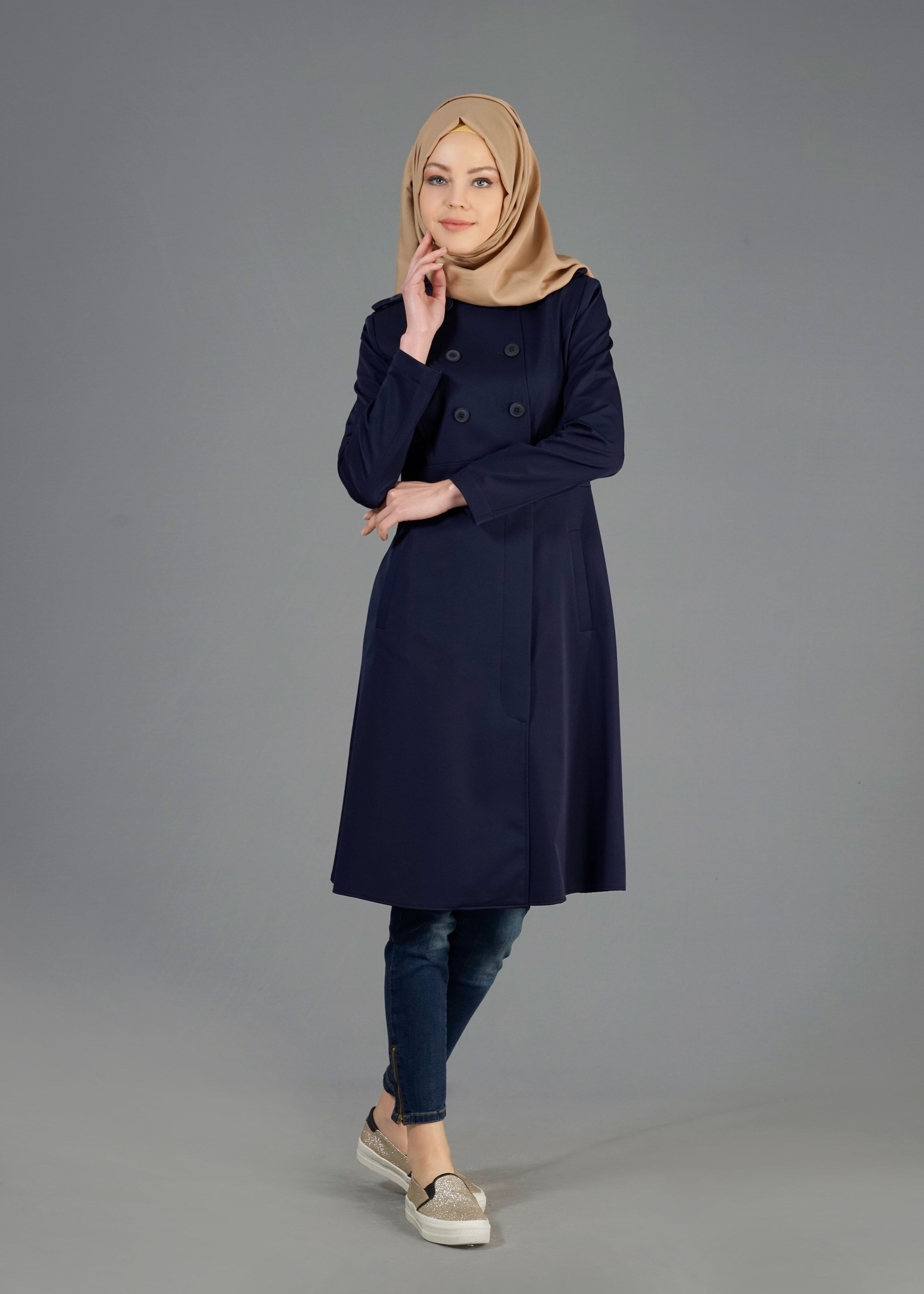 Tesettür giyim LACİVERT DÜĞMELİ CEPLİ TRENÇKOT 1810 
