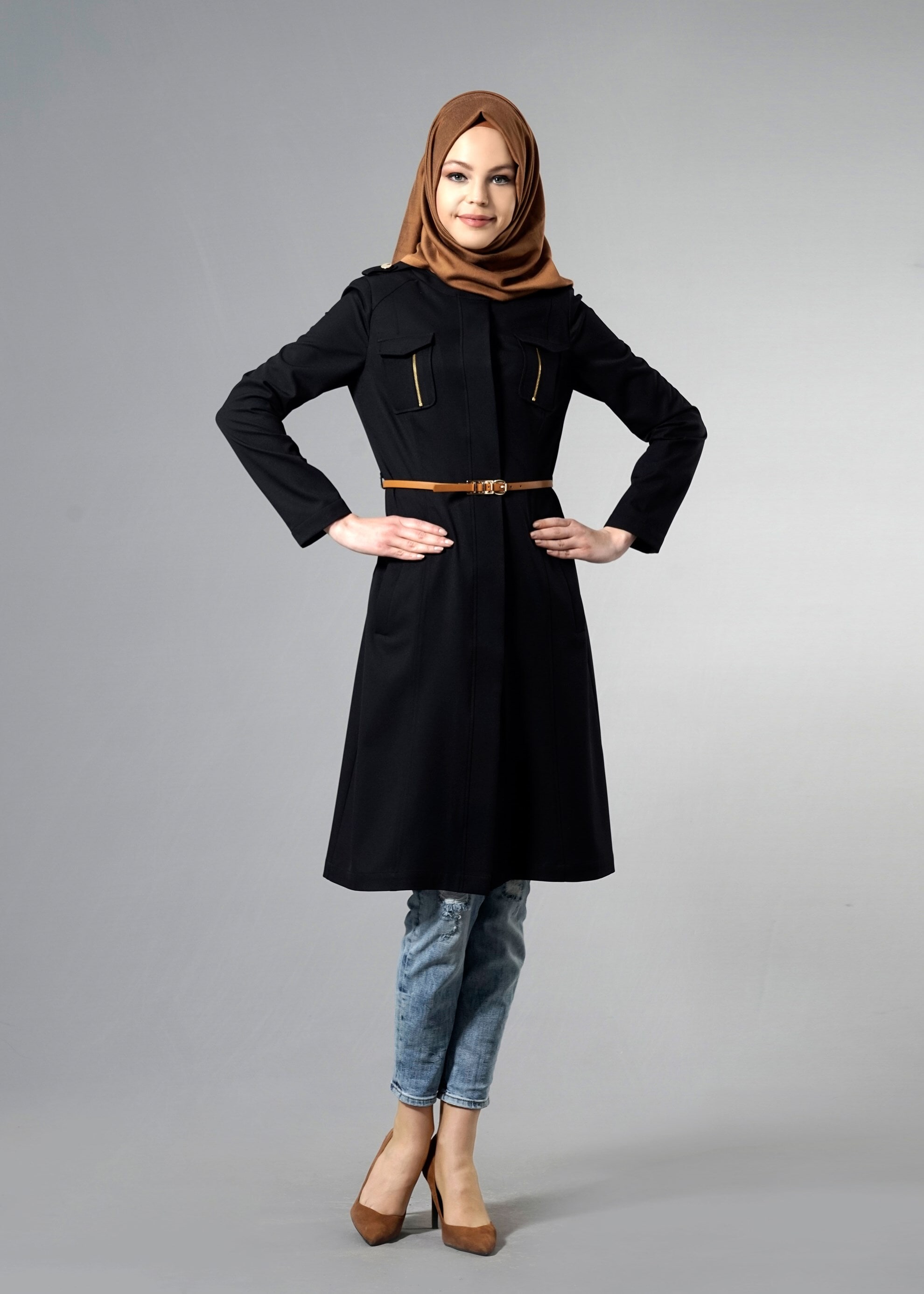 Tesettür giyim SİYAH 1813 Beliz Tesettür 8168 Trench 38/44 TEK38