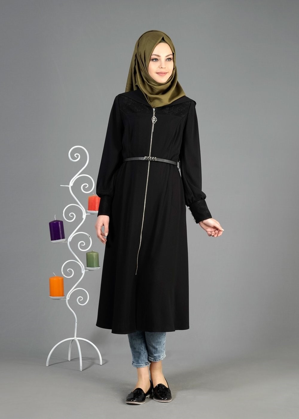 Tesettür giyim SİYAH 1816 Farah Tesettür Trench 38/44 TEK40