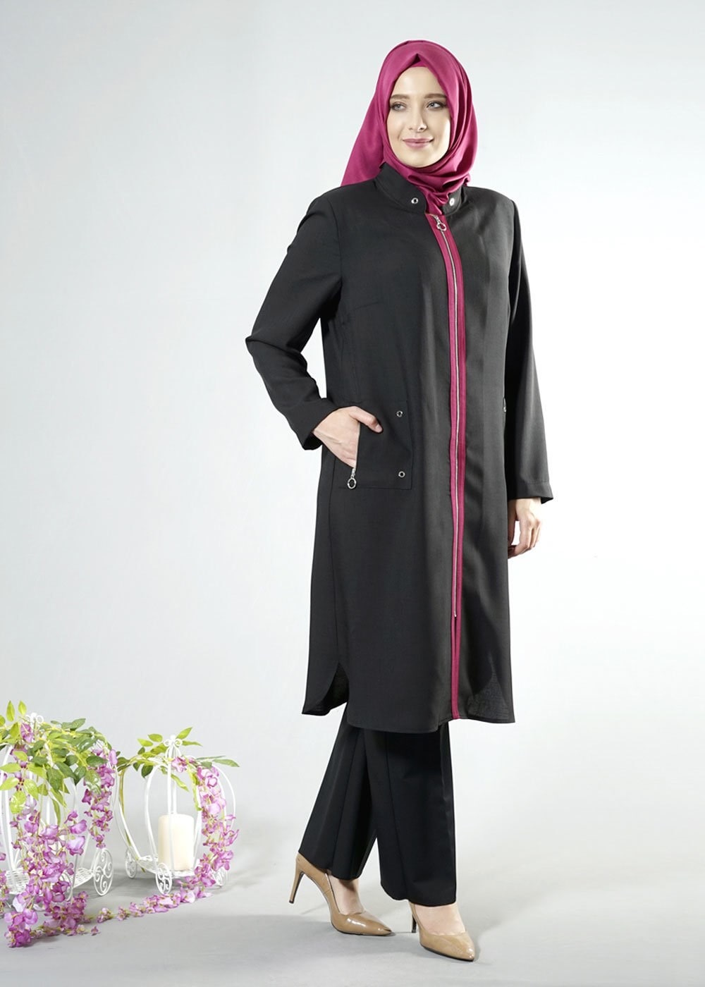 Tesettür giyim SİYAH FERMUARLI TRENÇKOT 1819