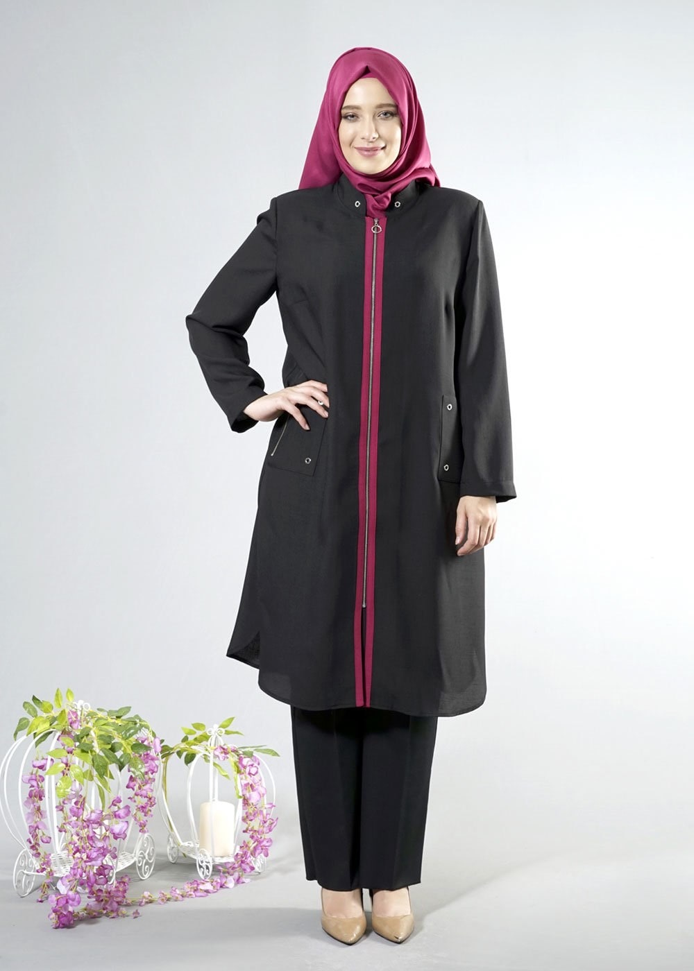 Tesettür giyim SİYAH FERMUARLI TRENÇKOT 1819