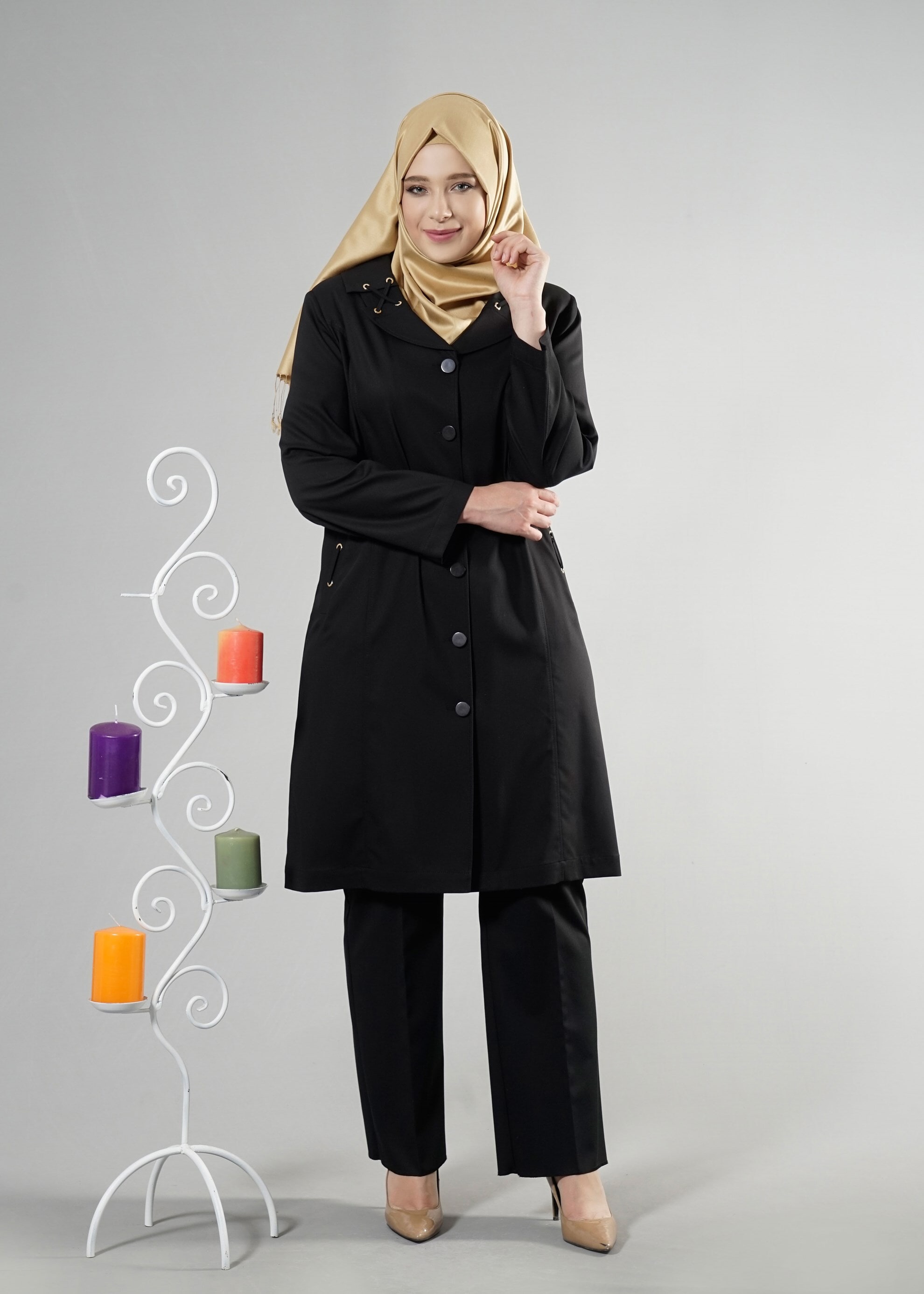Tesettür giyim SİYAH 1825 New Nice Tesettür Trench 46/52 TEK44