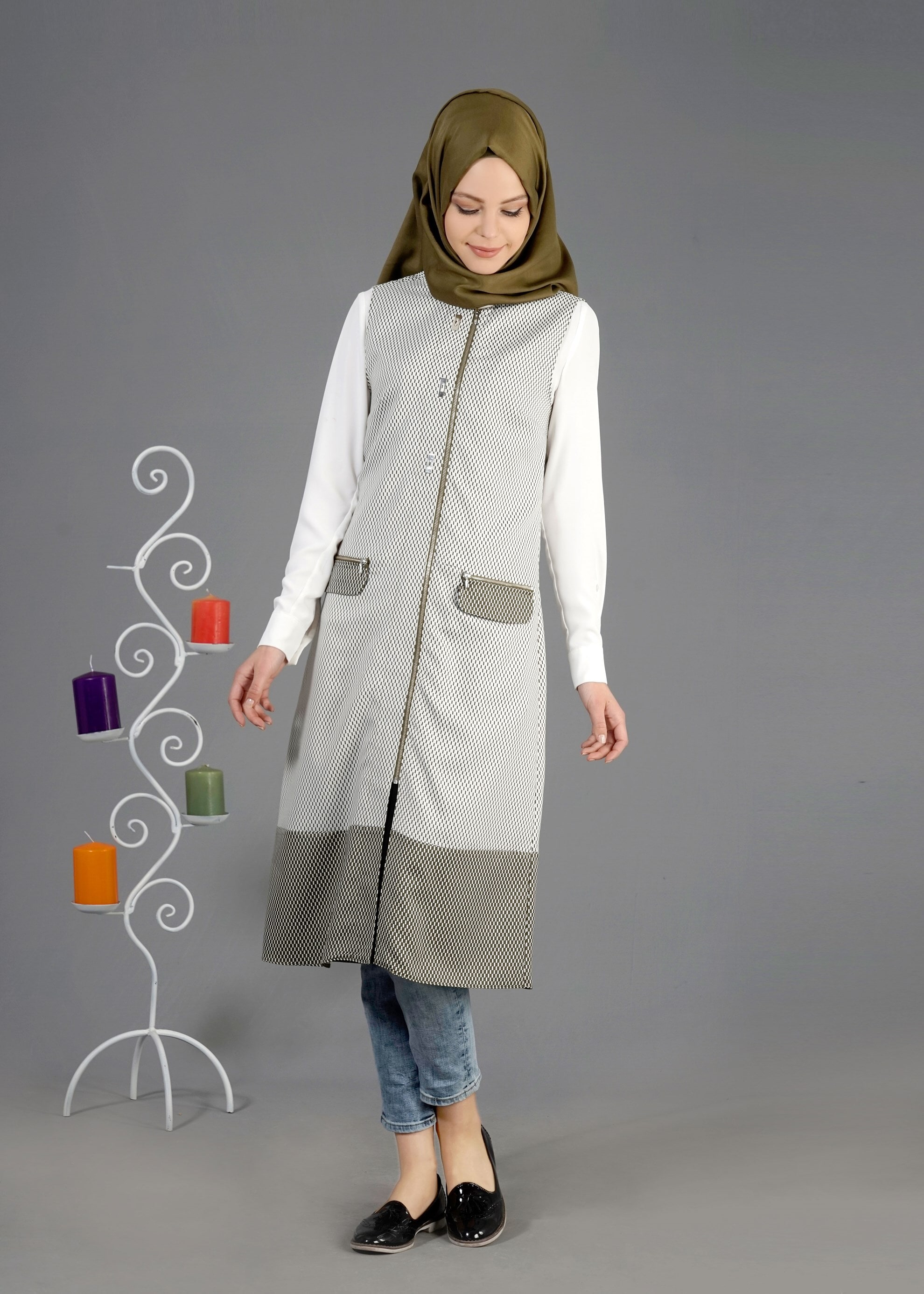 Tesettür giyim HAKİ 4360 G-706 Tesettür Yelek 38/46 TEK40