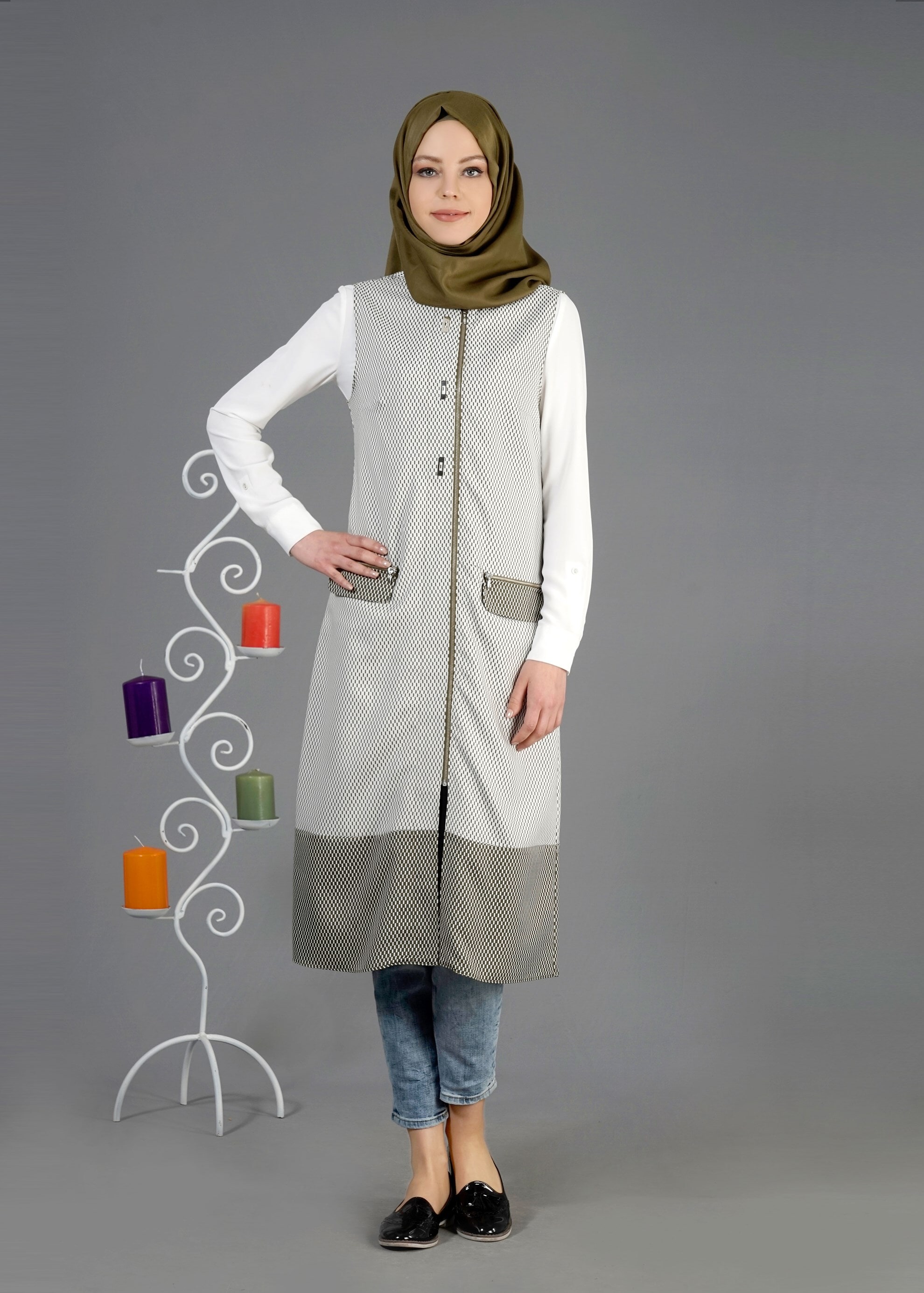 Tesettür giyim HAKİ 4360 G-706 Tesettür Yelek 38/46 TEK40