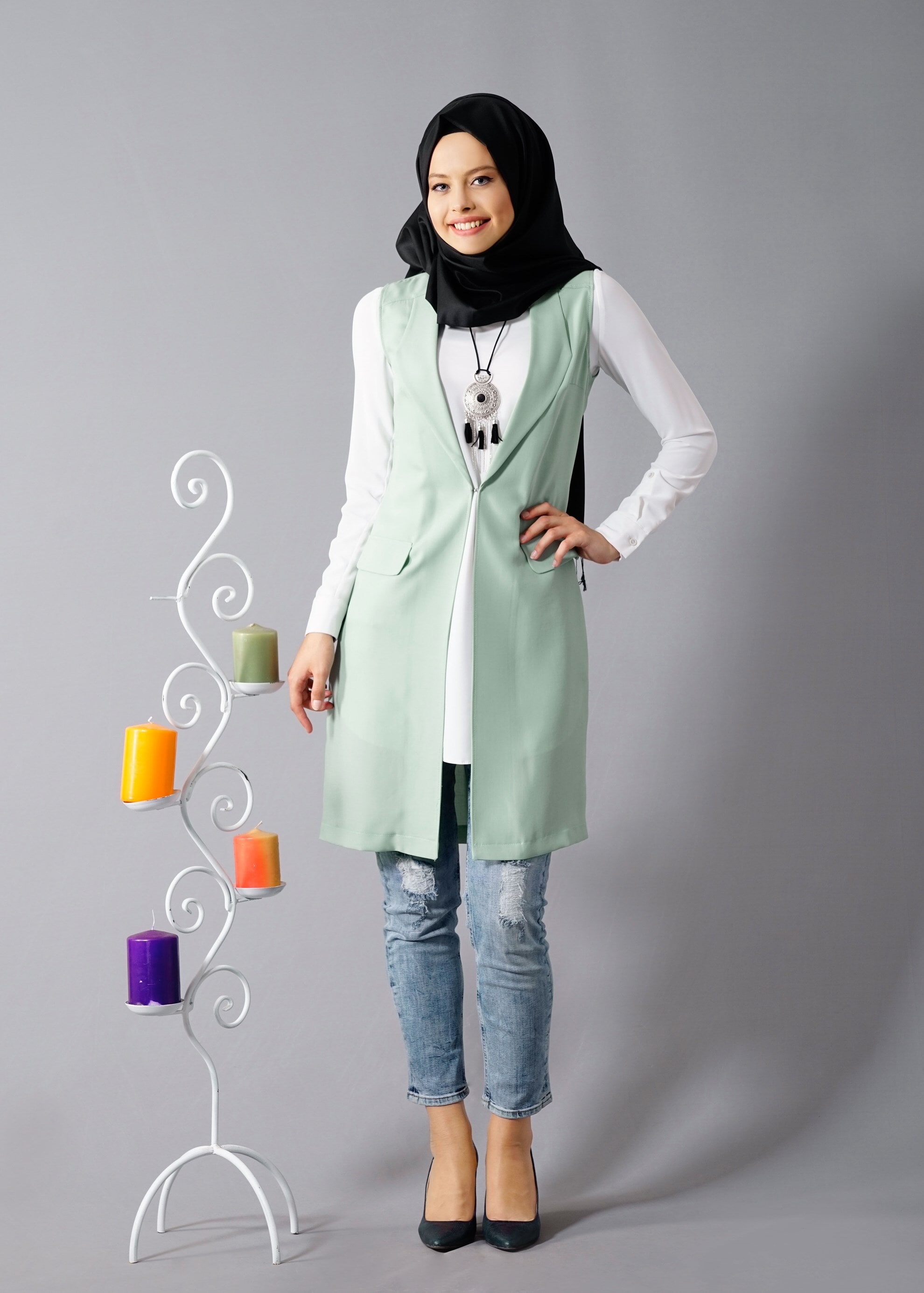 Tesettür giyim YEŞİL 4549 Yoga Tesettür Yelek 38/46 TEK40