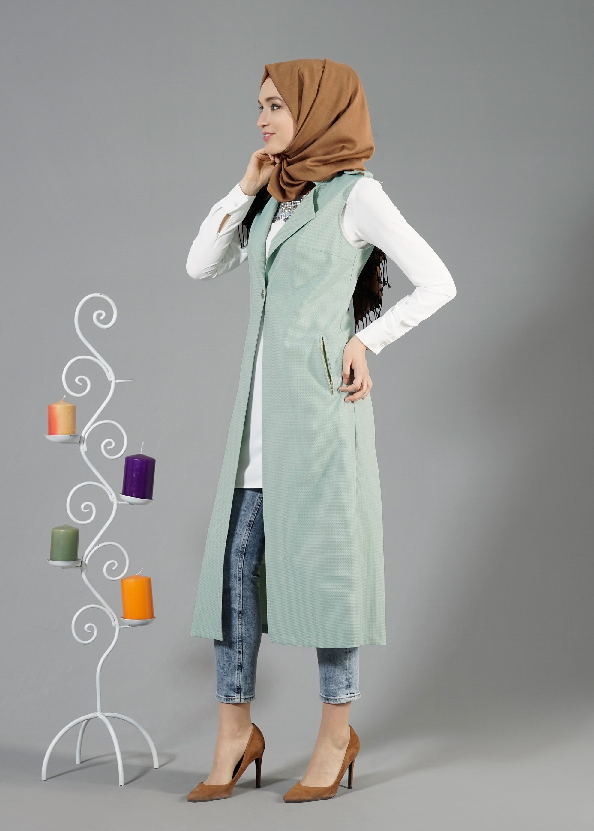 Tesettür giyim YEŞİL 4597 Berta Tesettür Yelek 38/46 TEK40