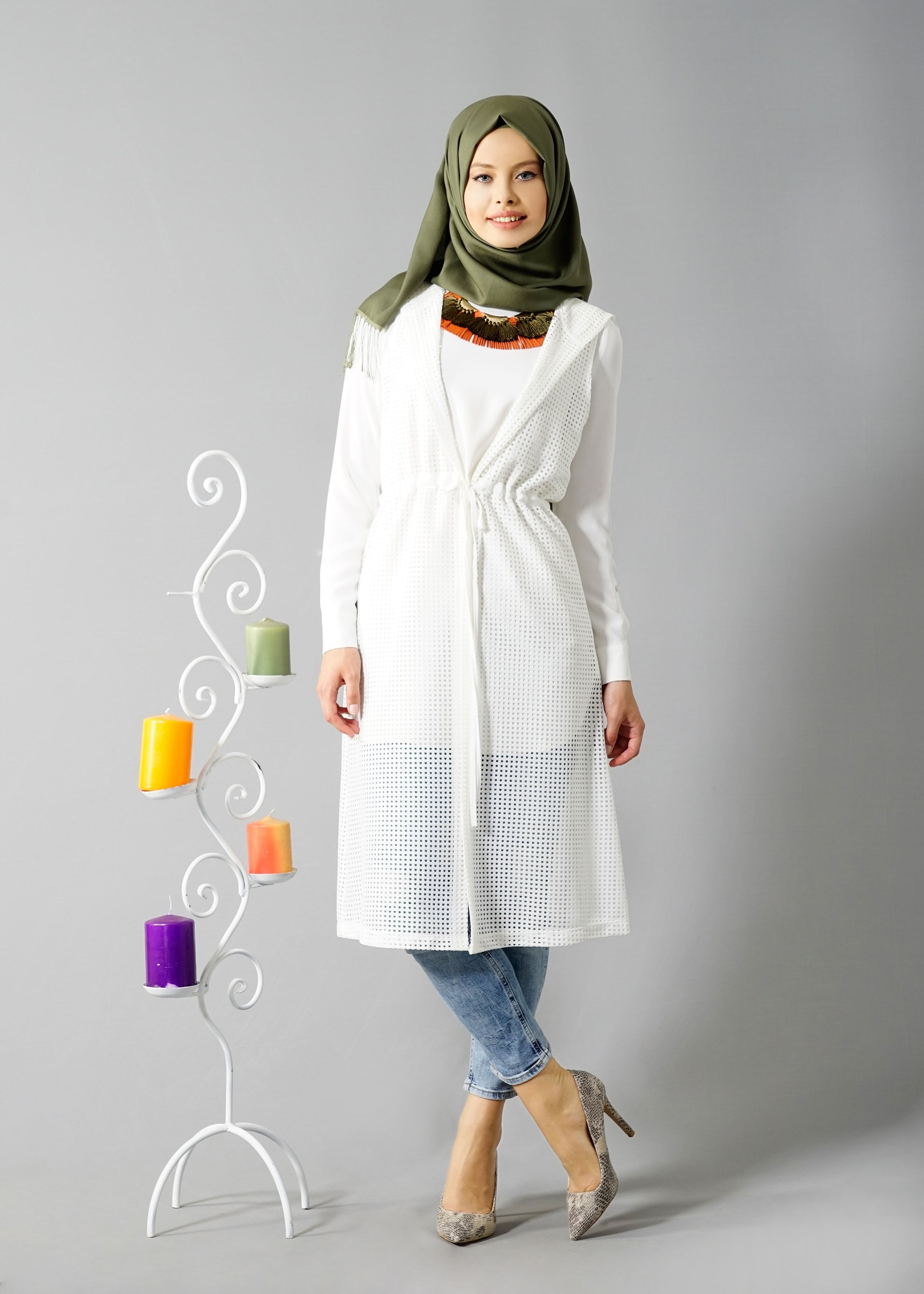 Tesettür giyim BEYAZ 4799 String 1838 Tesettür Yelek 38/46 TEK36
