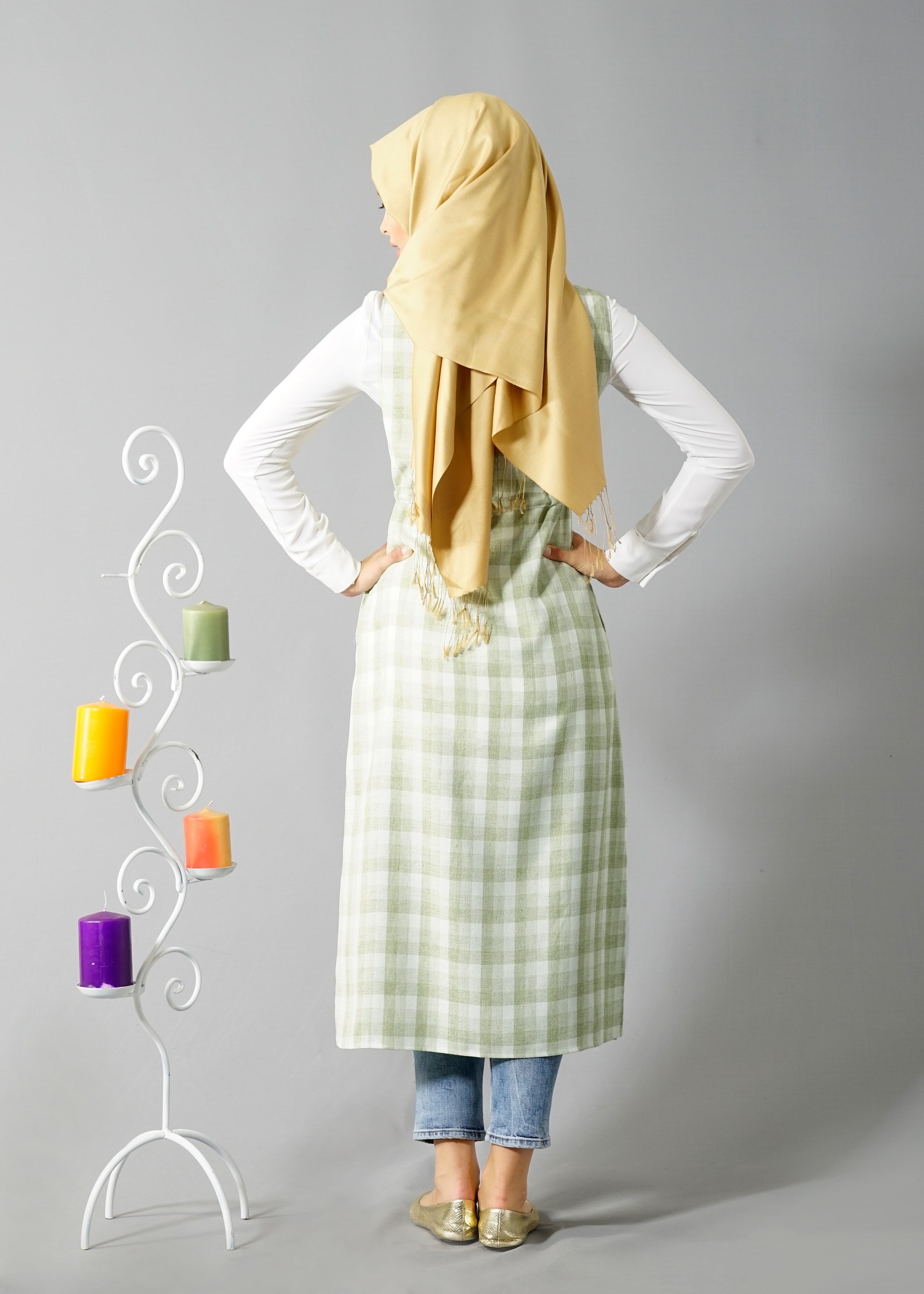 Tesettür giyim YEŞİL 4801 Verona Ekose Tesettür Yelek 38/46 TEK40