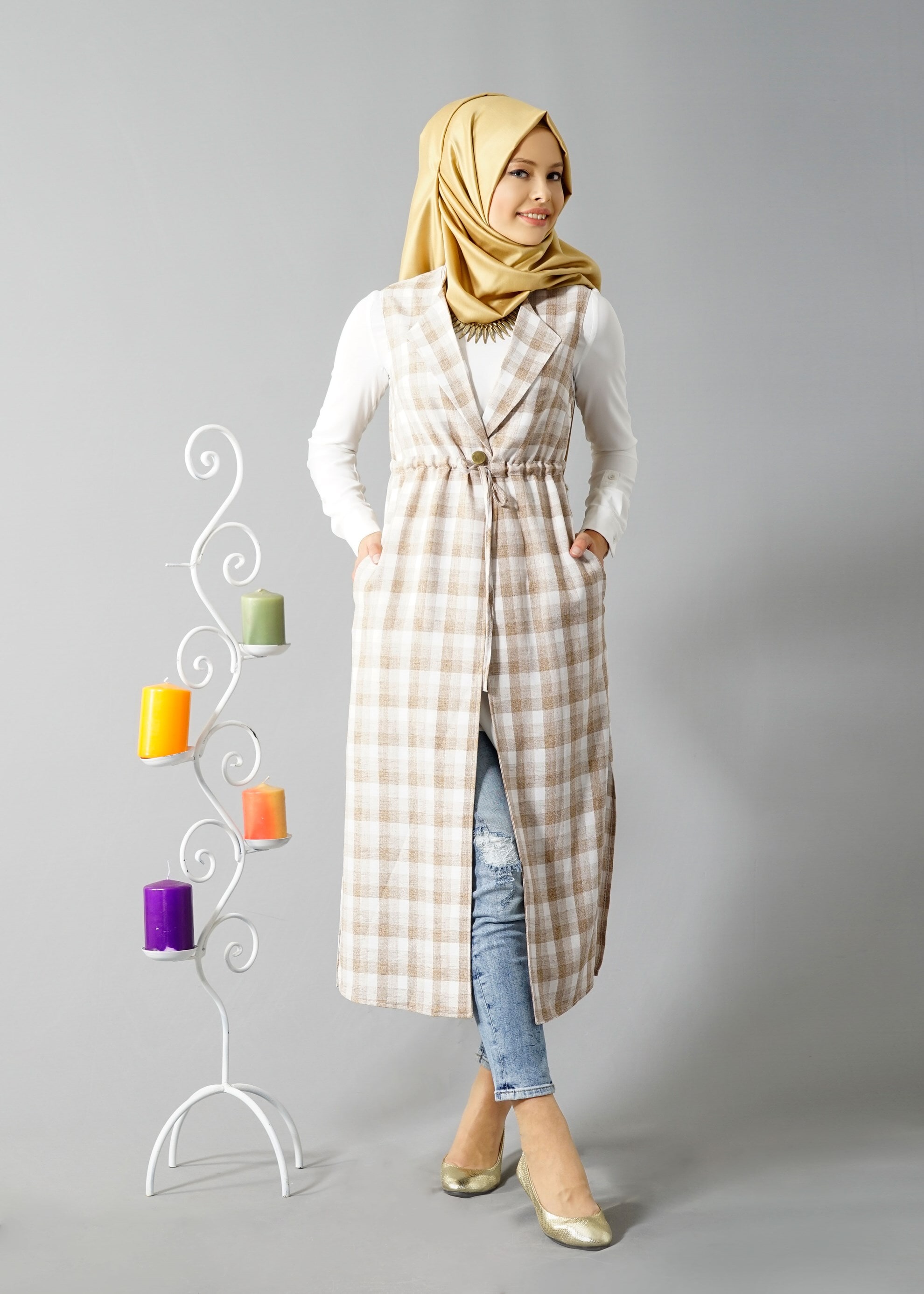 Tesettür giyim KAHVE 4801 Verona Ekose Tesettür Yelek 38/46 TEK40