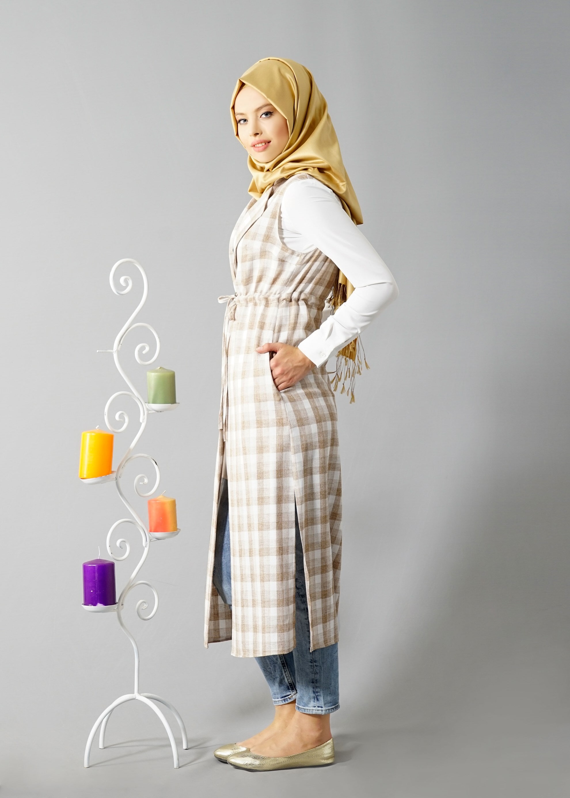 Tesettür giyim KAHVE 4801 Verona Ekose Tesettür Yelek 38/46 TEK40