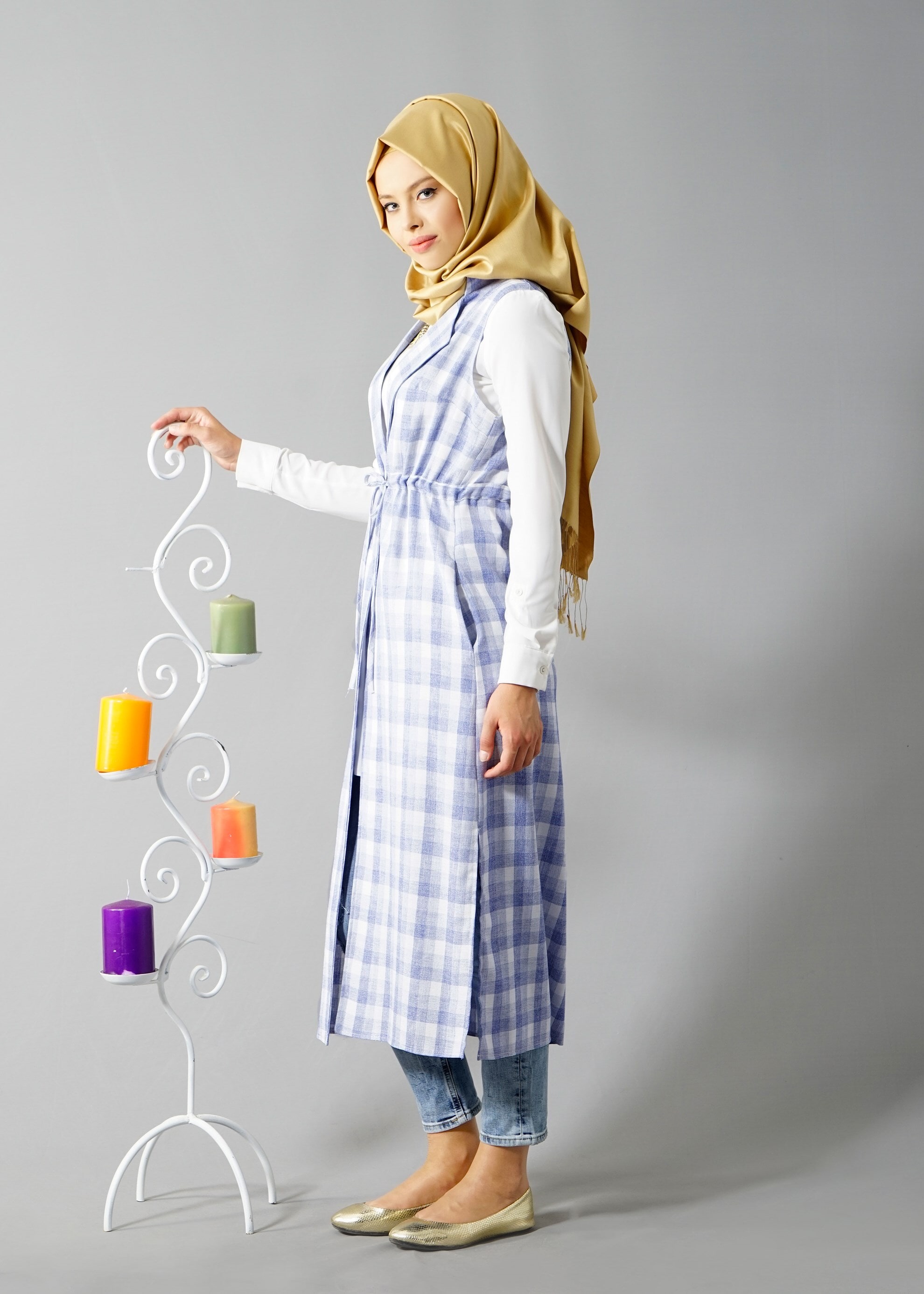 Tesettür giyim LACİVERT 4801 Verona Ekose Tesettür Yelek 38/46 TEK40