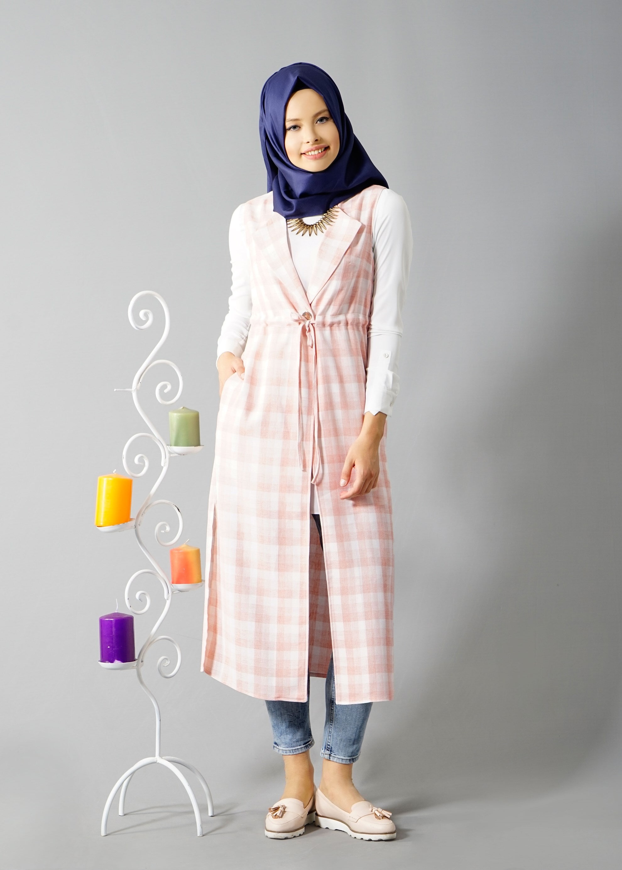 Tesettür giyim PUDRA 4801 Verona Ekose Tesettür Yelek 38/46 TEK40