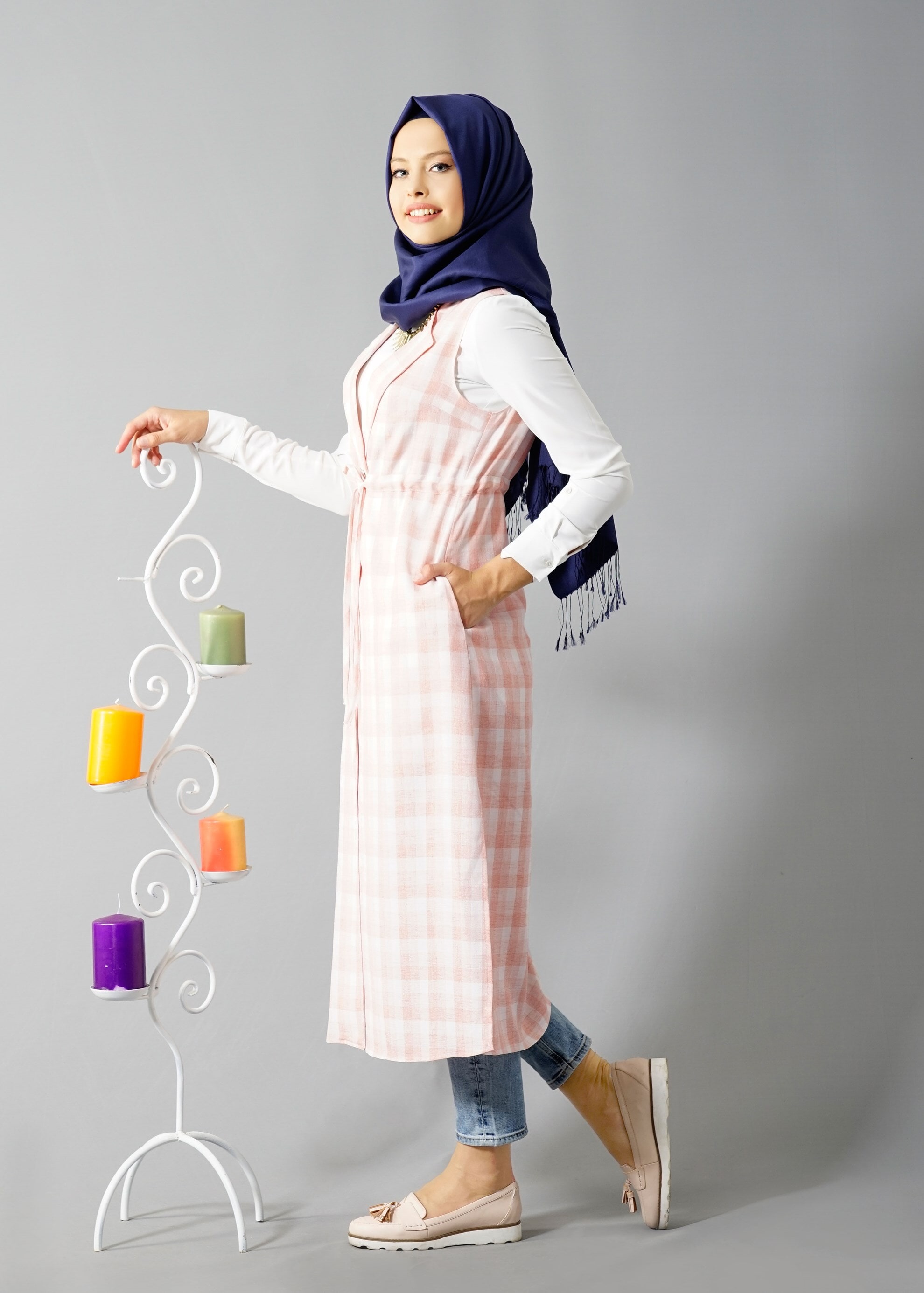 Tesettür giyim PUDRA 4801 Verona Ekose Tesettür Yelek 38/46 TEK40