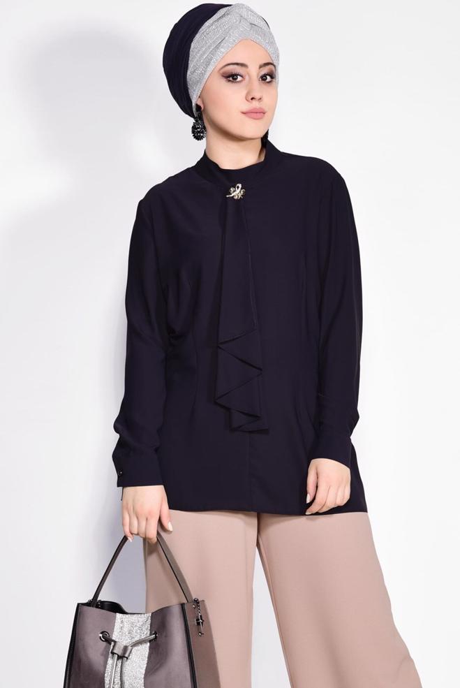 Vêtements hijab BLEU MARINE CHEMISIER À COL NOUÉ 2610 - ALVİNA