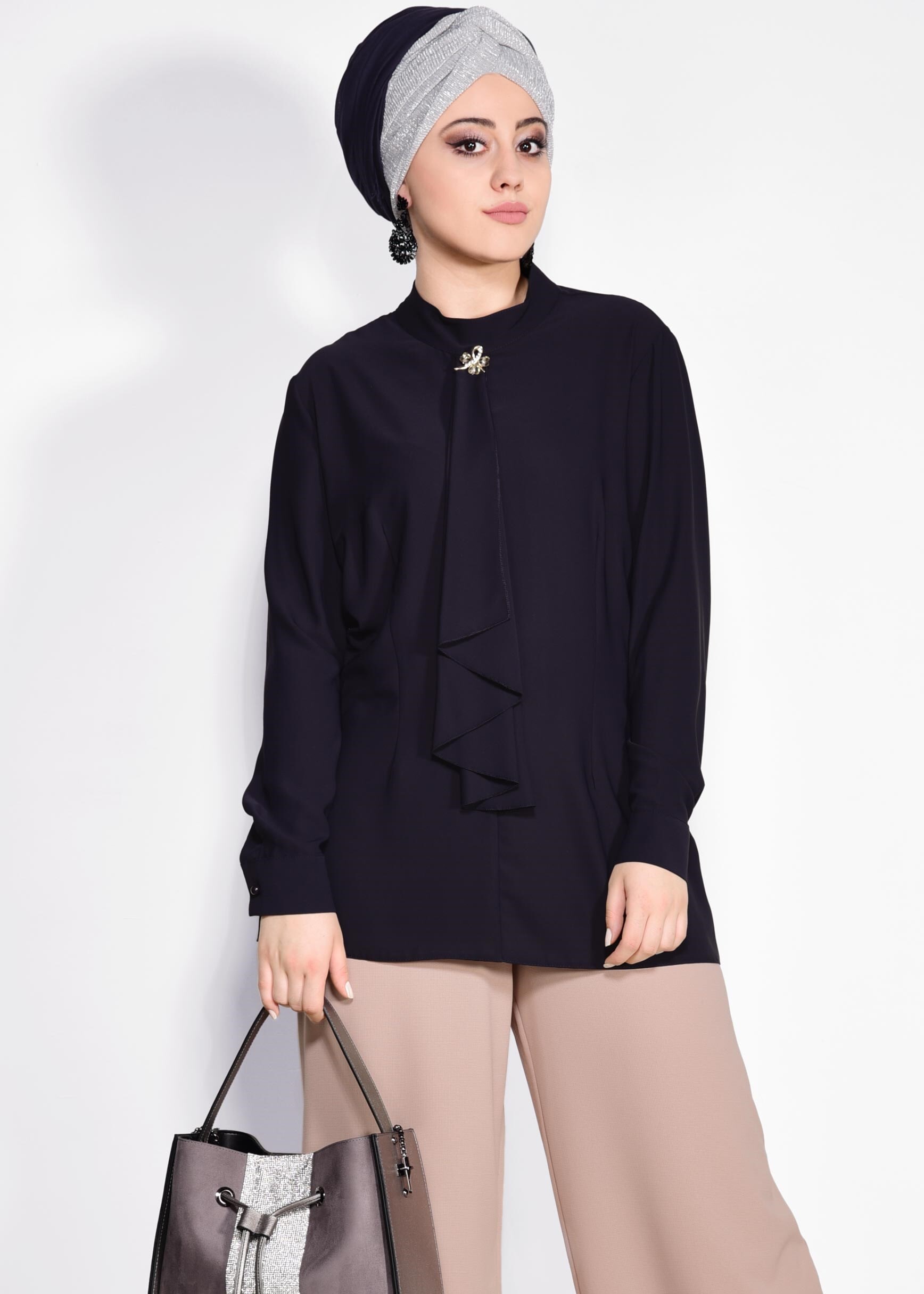 Vêtements hijab BLEU MARINE CHEMISIER À COL NOUÉ 2610