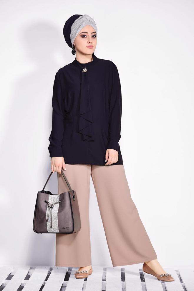 Vêtements hijab BLEU MARINE CHEMISIER À COL NOUÉ 2610 - ALVİNA