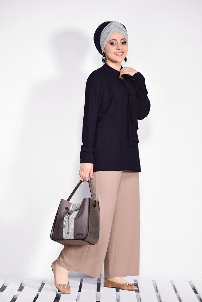 Vêtements hijab BLEU MARINE CHEMISIER À COL NOUÉ 2610 - ALVİNA