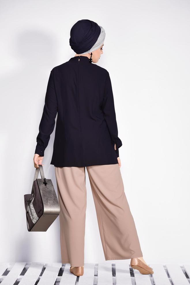 Vêtements hijab BLEU MARINE CHEMISIER À COL NOUÉ 2610 - ALVİNA