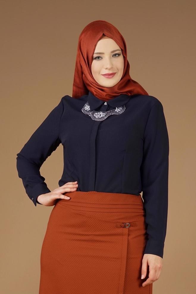 Vêtements hijab BLEU MARINE CHEMISIER À BOUTONS DISSIMULÉS 2631  - ALVİNA