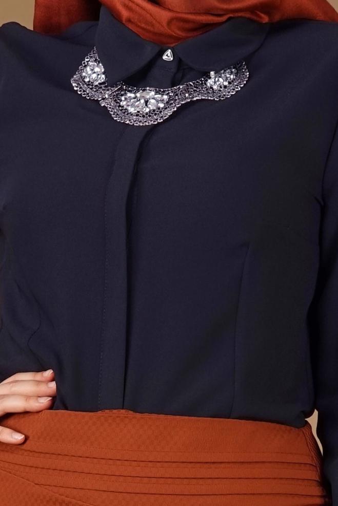 Vêtements hijab BLEU MARINE CHEMISIER À BOUTONS DISSIMULÉS 2631  - ALVİNA