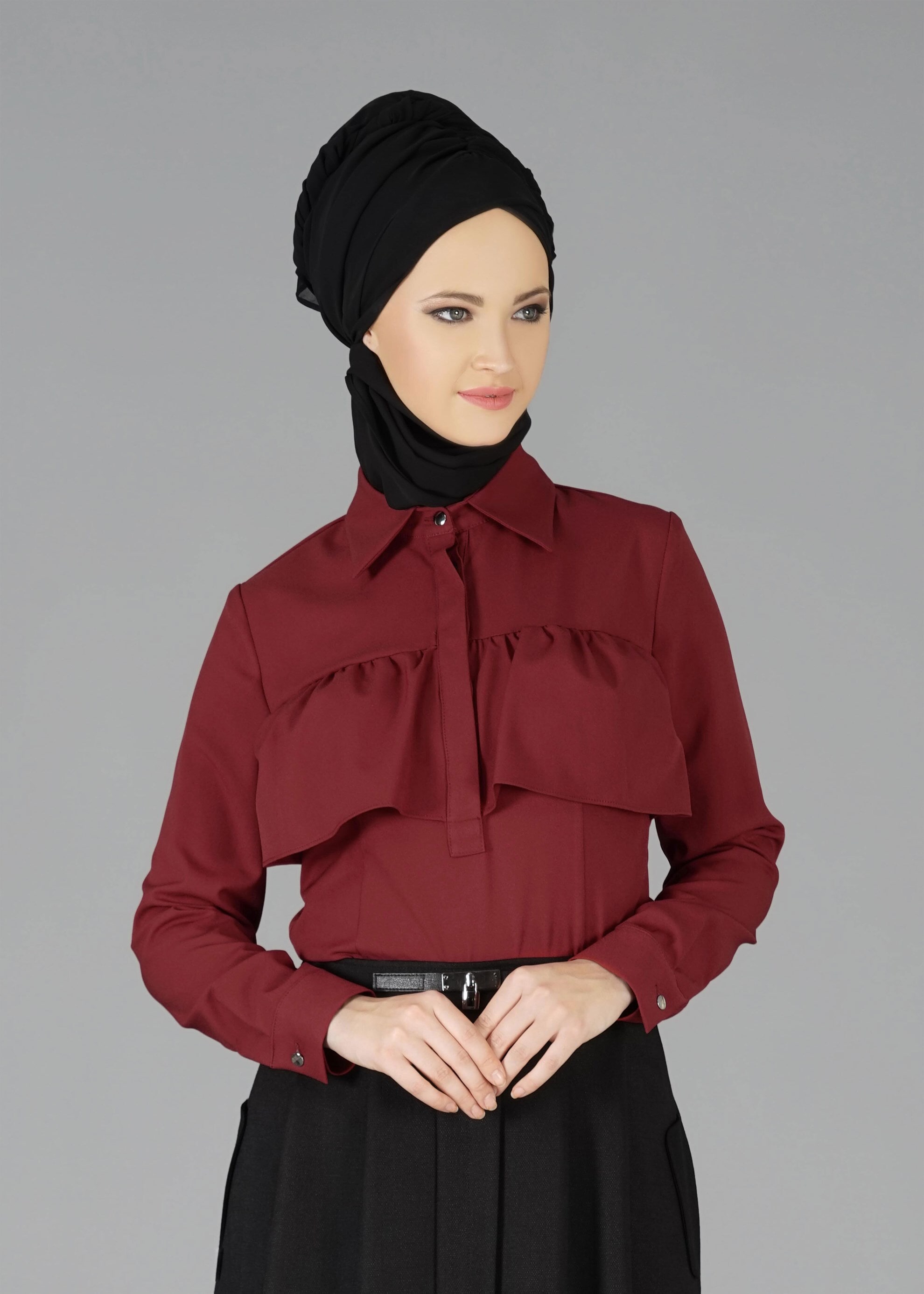Tesettür giyim BORDO VOLAN DETAYLI BLUZ 4783 