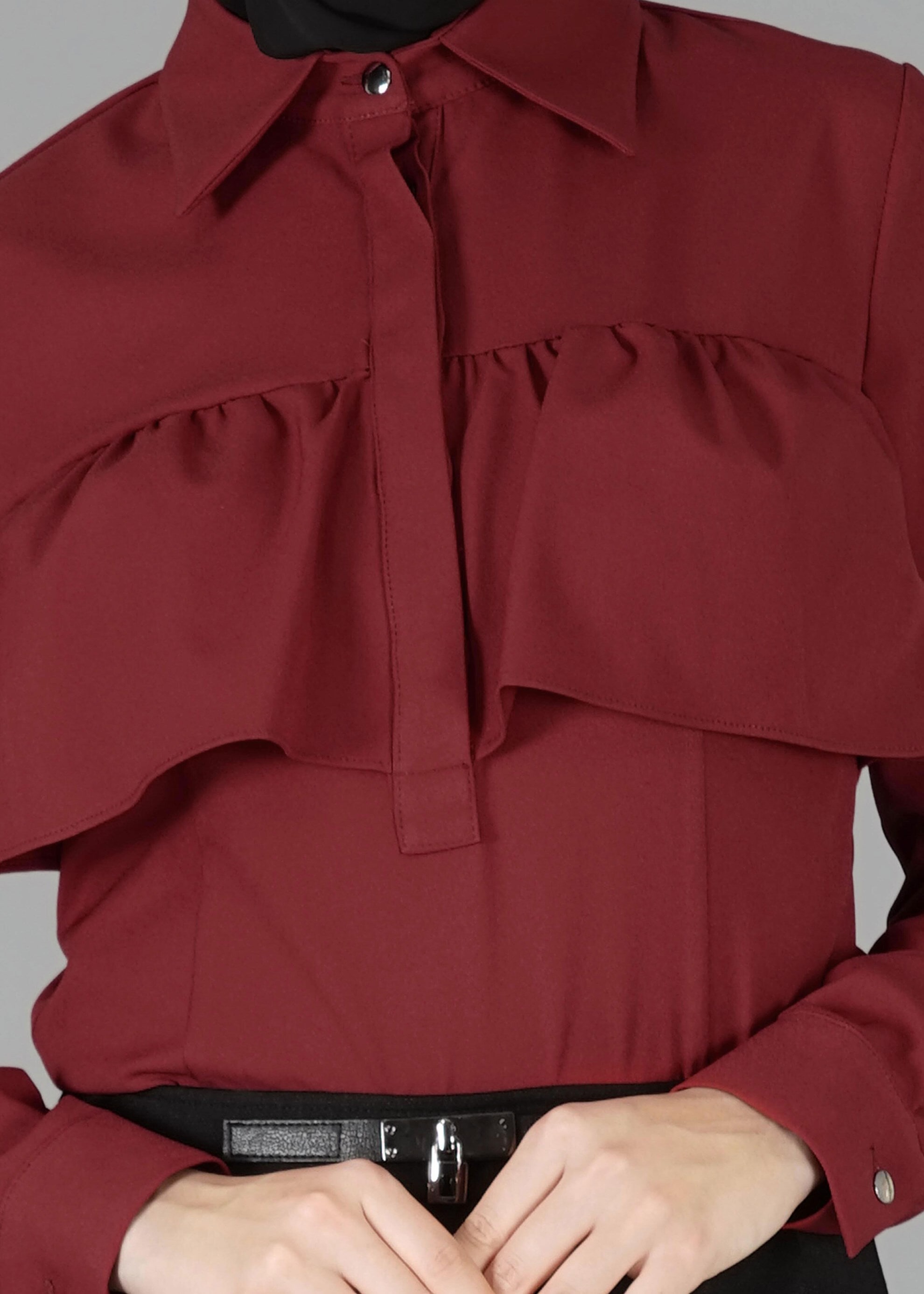 Tesettür giyim BORDO VOLAN DETAYLI BLUZ 4783 