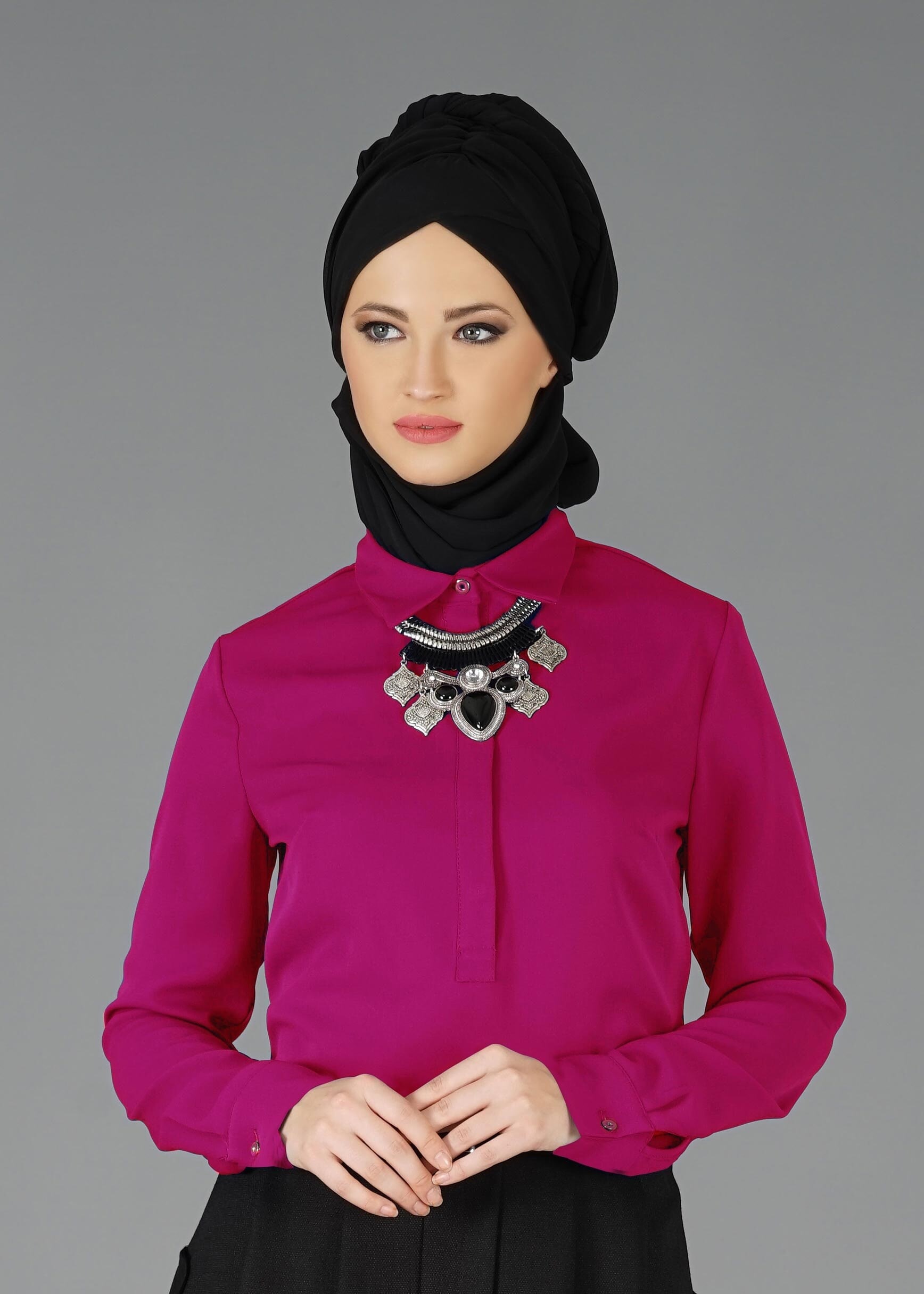 Tesettür giyim FUŞYA GİZLİ DÜĞMELİ BLUZ 4793 