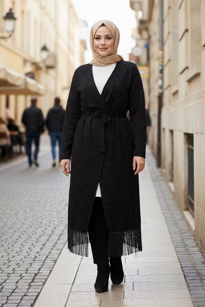 Vêtements hijab NOIR GILET MAILLE AVEC CEINTURE 2643  - ALVİNA