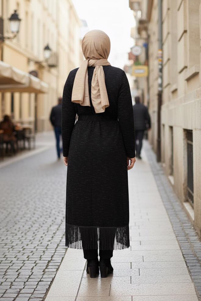 Vêtements hijab NOIR GILET MAILLE AVEC CEINTURE 2643  - ALVİNA