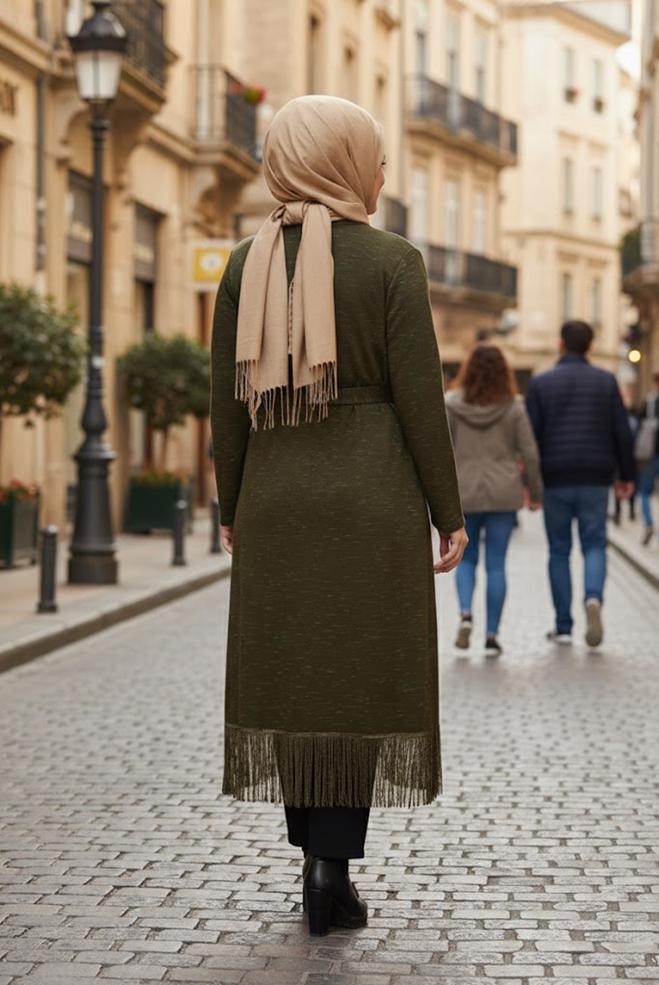 Vêtements hijab KAKI GILET MAILLE AVEC CEINTURE 2643  - ALVİNA