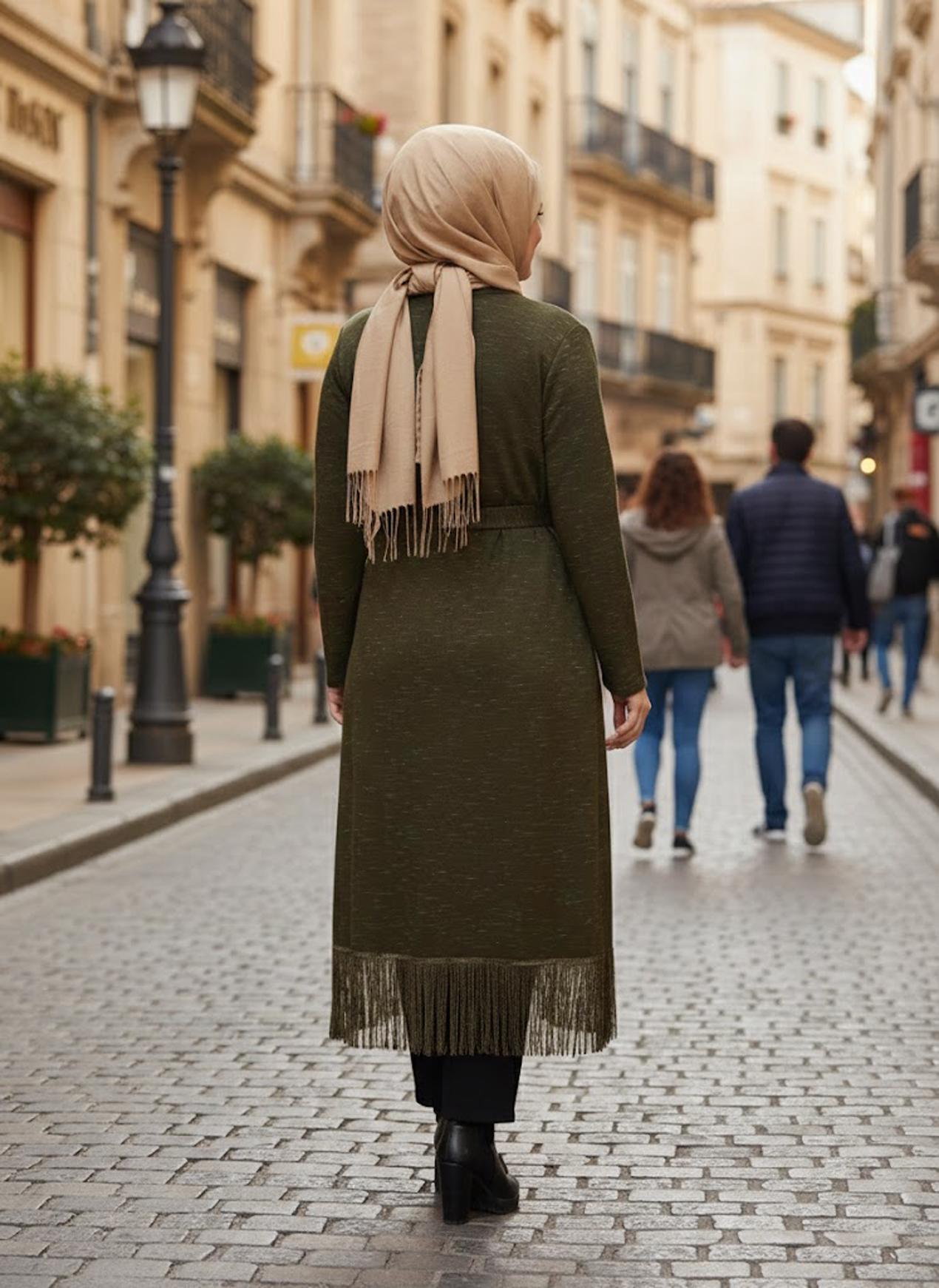 Vêtements hijab KAKI GILET MAILLE AVEC CEINTURE 2643 