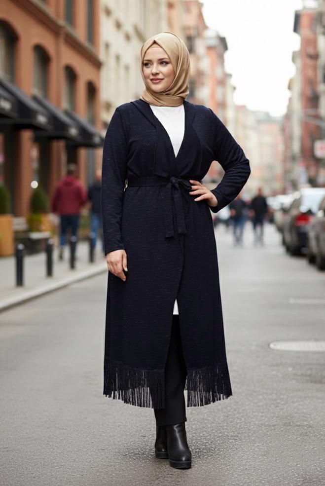 Vêtements hijab BLEU MARINE GILET MAILLE AVEC CEINTURE 2643  - ALVİNA