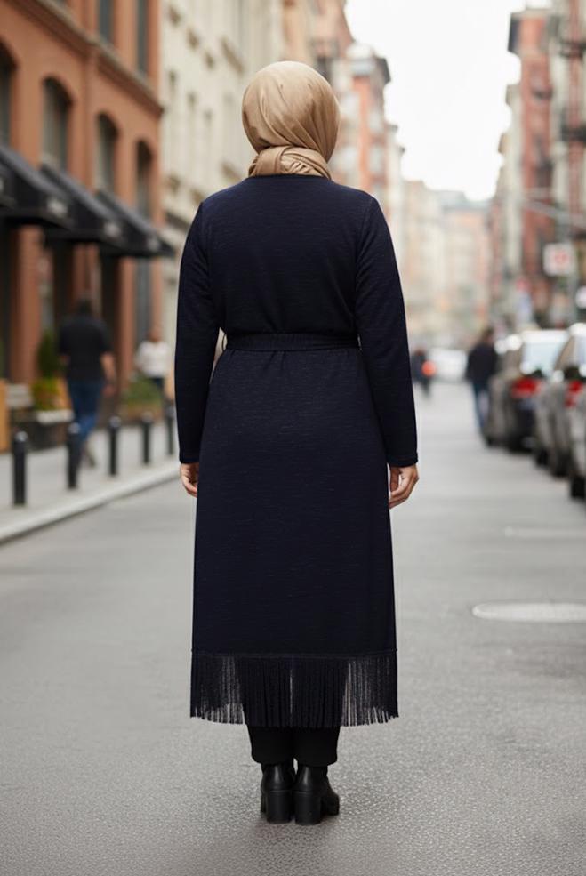 Vêtements hijab BLEU MARINE GILET MAILLE AVEC CEINTURE 2643  - ALVİNA