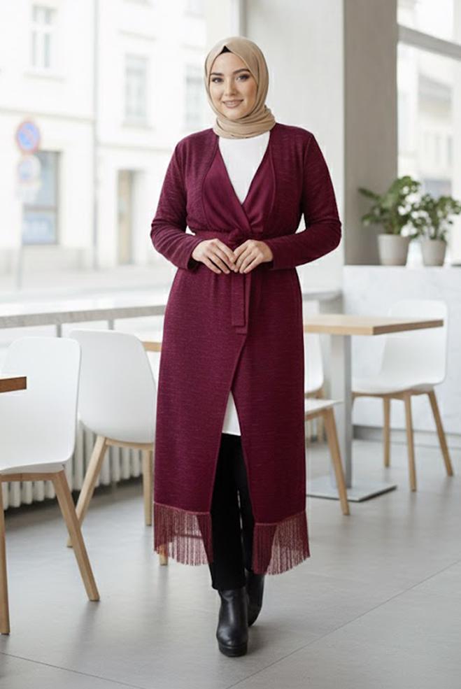 Vêtements hijab BEIGE GILET MAILLE AVEC CEINTURE 2643  - ALVİNA