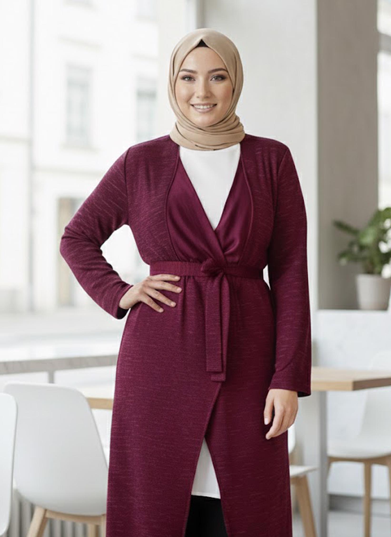 Tesettür giyim MOR KUŞAKLI ETEK UCU PÜSKÜLLÜ HIRKA 2643 