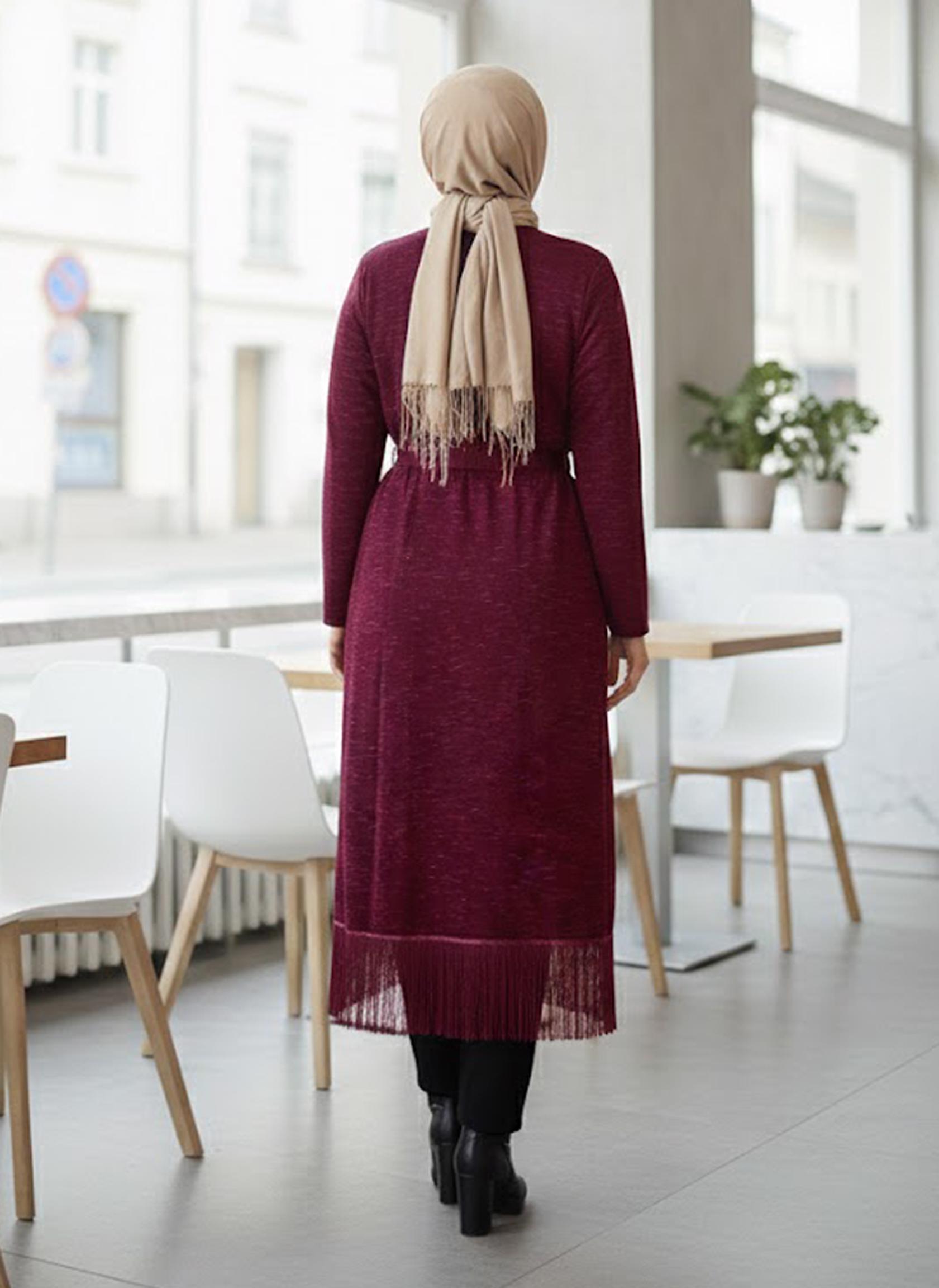 Tesettür giyim MOR KUŞAKLI ETEK UCU PÜSKÜLLÜ HIRKA 2643 