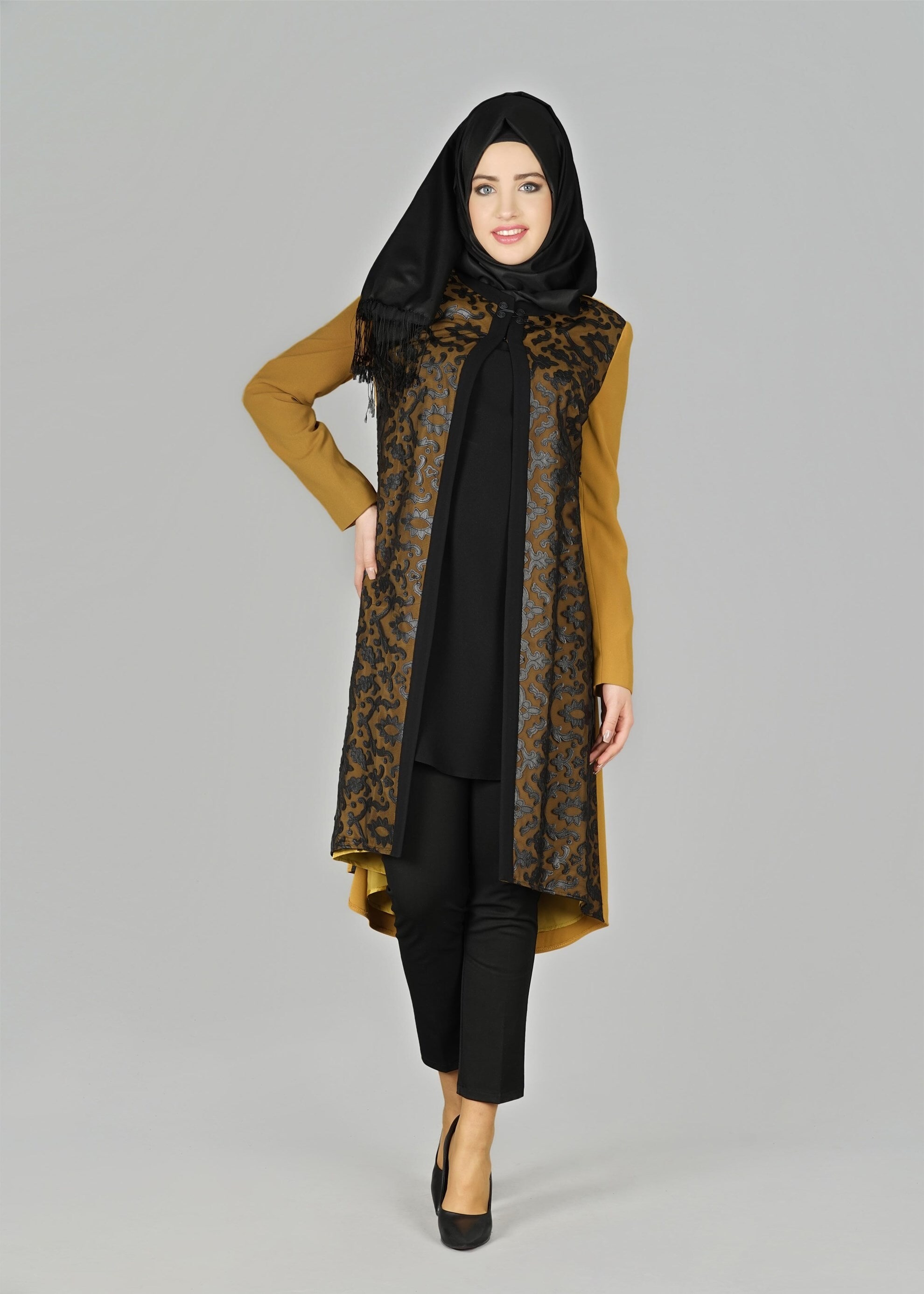 Tesettür giyim SARI DESENLİ CEKET 4045